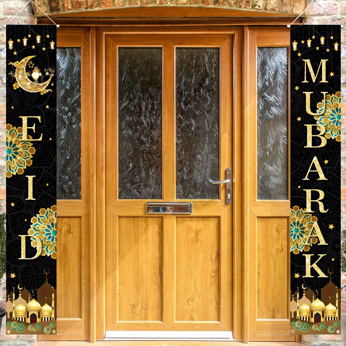 Eid Mubarak Porch Sign Decorations - Eid Banner Front Door Hanging Sign - Muslim Party Decor Supplies for Indoor/Outdoor