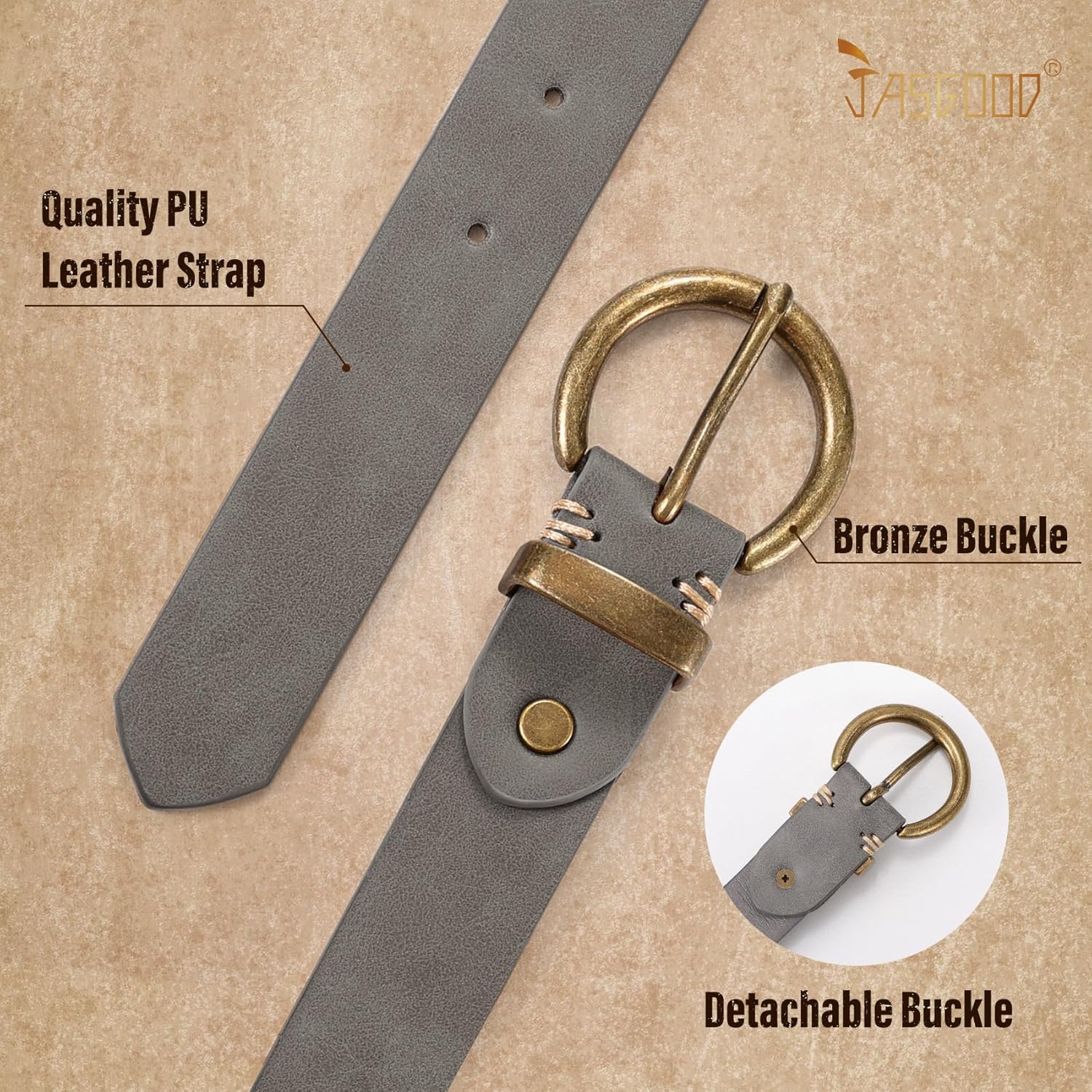JASGOOD Women Leather Belt for Jeans Pants Vintage PU Leather Belt Solid Brass Circle Buckle for Ladies - Image 2