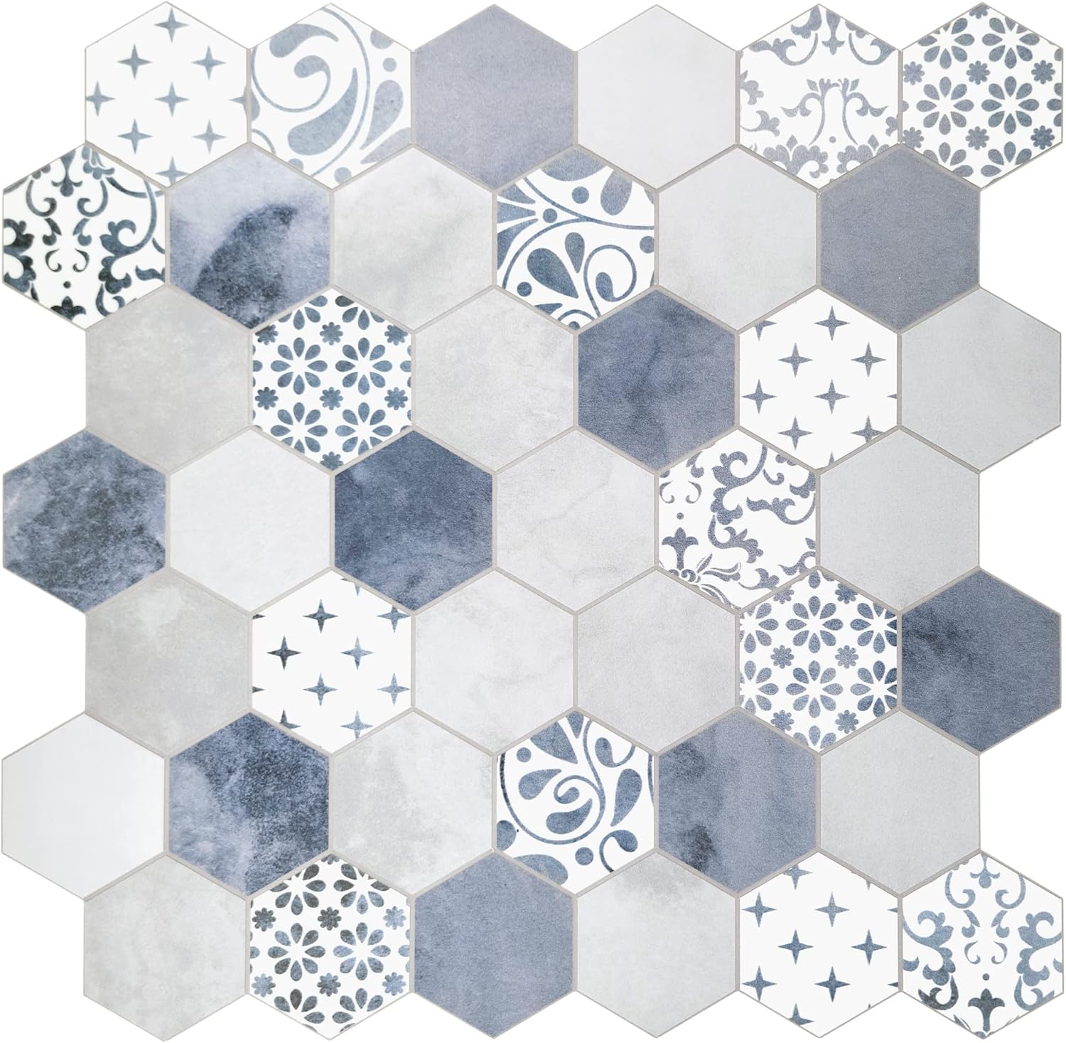 The Tiles Plaza Peel and Stick Backsplash for Kitchen, Hexagon Stick on Tile, Blue Cement Vintage self-Adhesive Wall Tile, 10 Sheets 10 Blue
