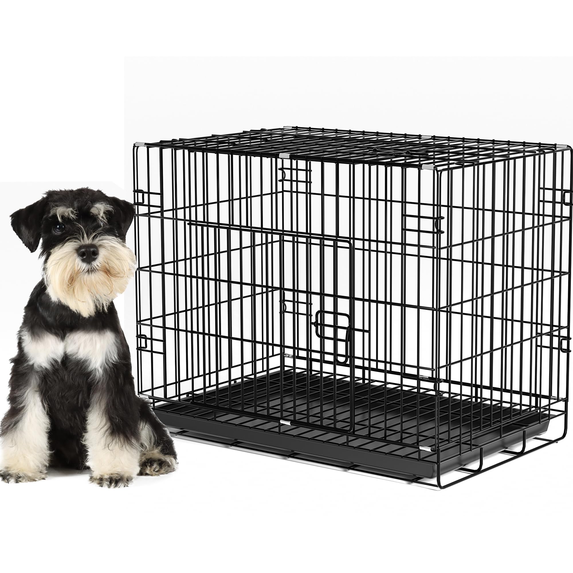 Dog Crate Medium Size, Folding Pet Cage, Dog Cage with 2 Doors, Removable Plastic Base Tray-Easy Cleaning (75x47x57cm)
