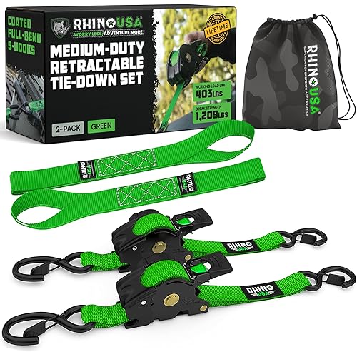 Rhino USA Retractable Ratchet Straps (2-Pack) - 1 Inch x 10 Feet (1,209lb Break Strength) - Heavy Duty Auto Self Retracting Tie Down Straps for Truck, Cargo Trailer, Motorcycle, ATV, UTV - Green