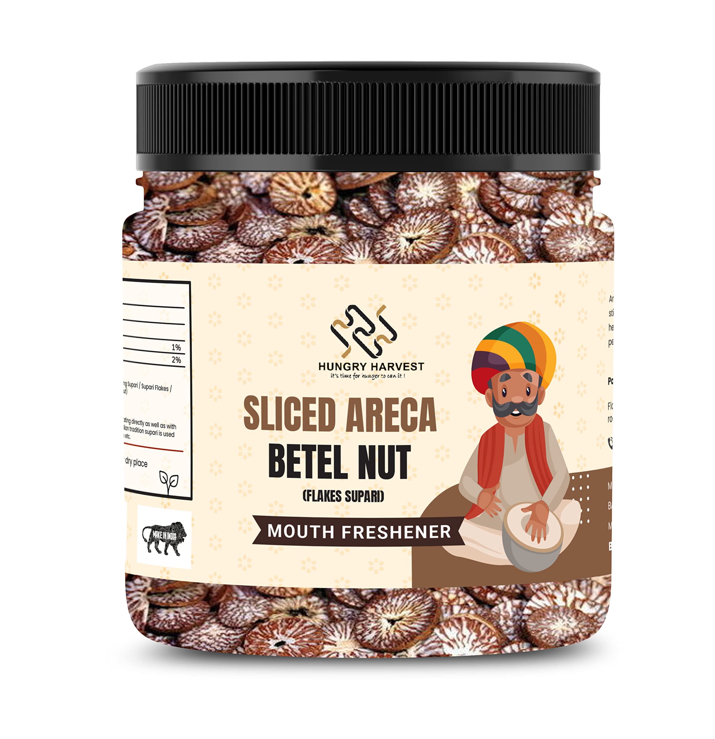 Hungry Harvest Sliced Betel Nut | Sliced Areca Nut | Cutting Supari Kachi Sopari | Kachi Cutting Sliced Supari | Raw Unflavoured Flakes [Jar Pack] (125 Grams (Pack of 1 of 125 Grams))