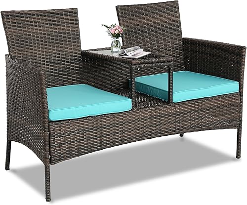 HTTH Juego de muebles de patio para 2 personas, juego de muebles de mimbre para exteriores, sillas de mimbre de ratán de polietileno con mesa de