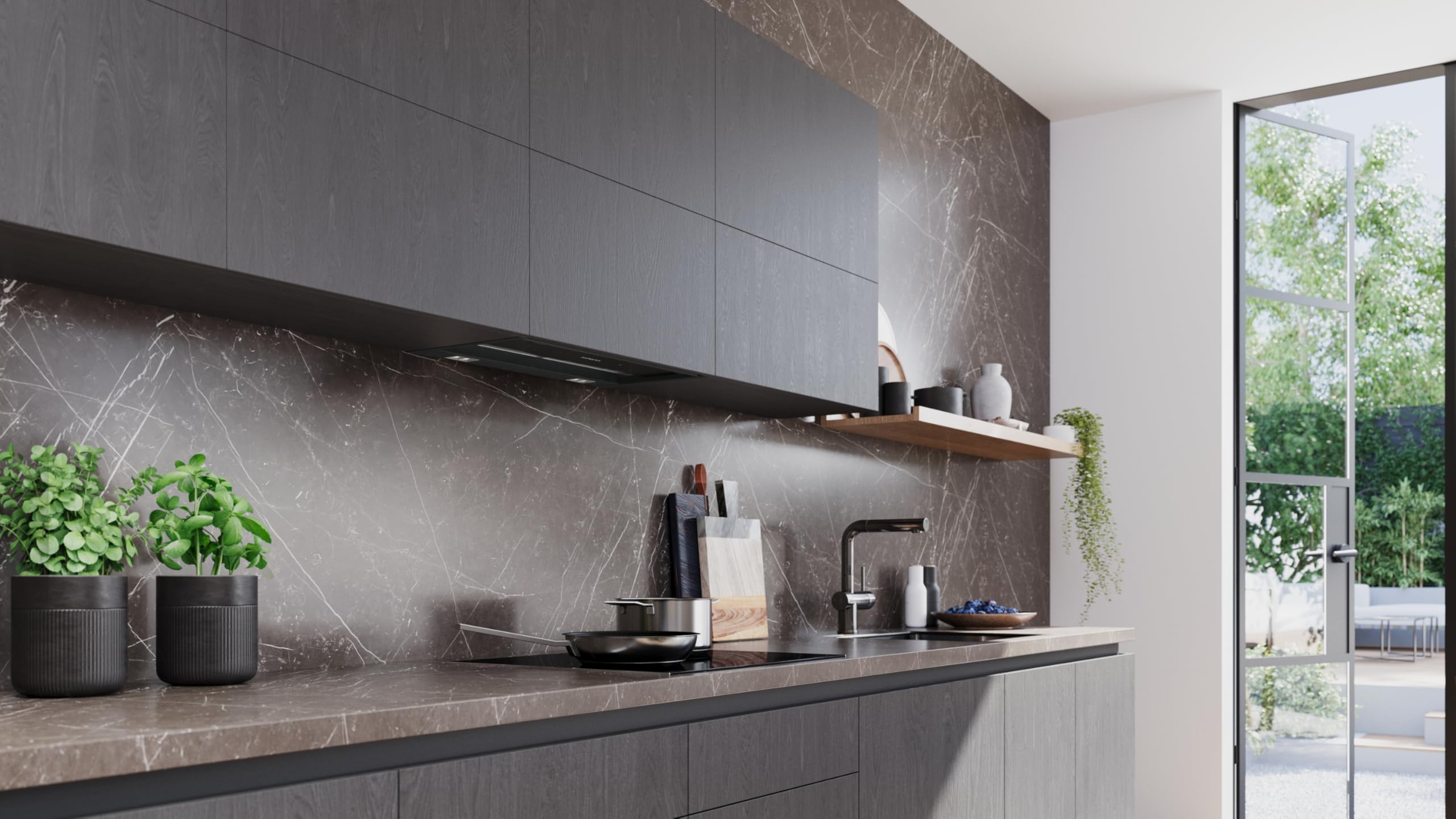 iQ500, cappa di design integrato, 60 cm, vetro trasparente nero stampato, nero opaco, LJ67BDP60