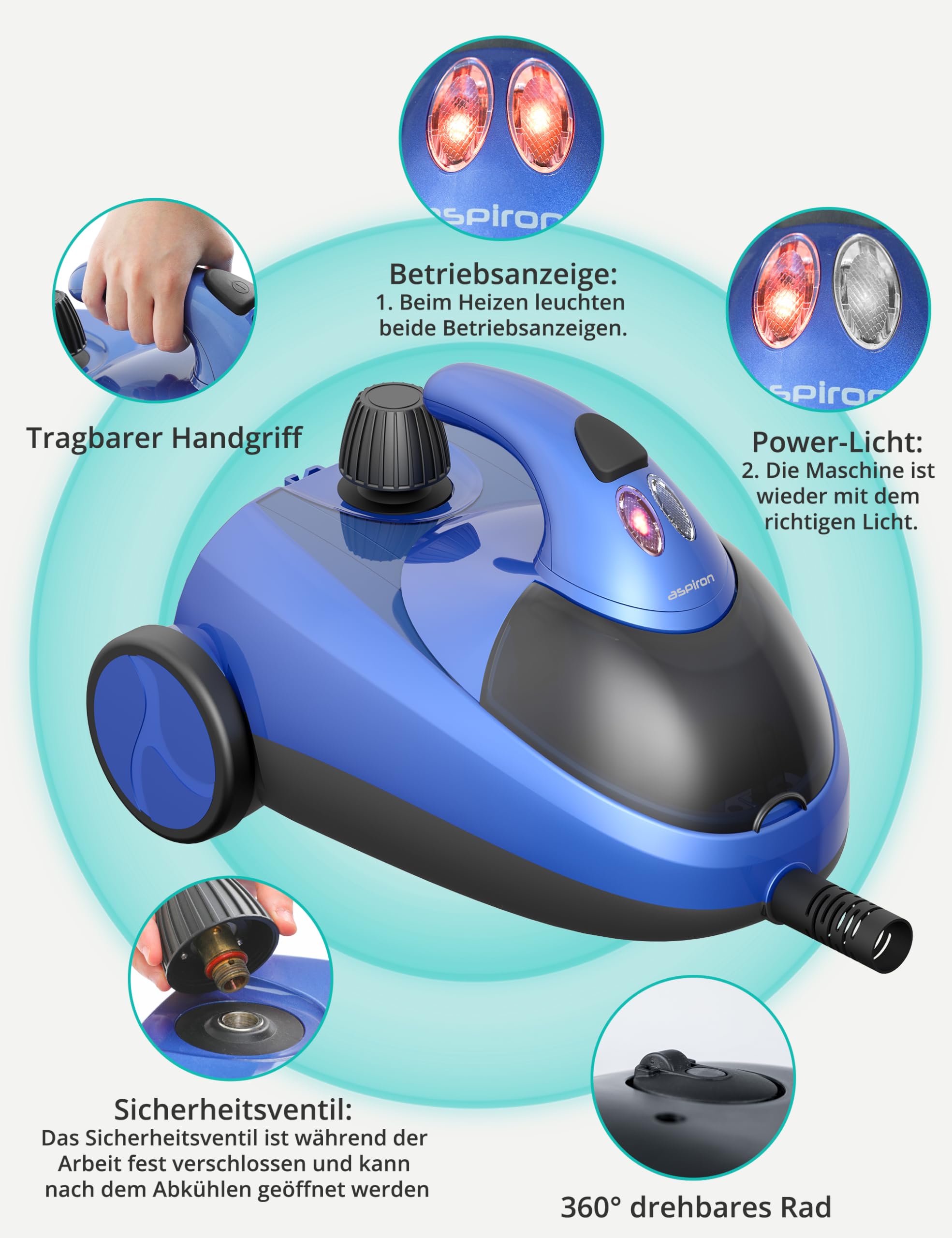 Aspiron Limpiador de vapor a presión de vapor de 4 bares, vapor caliente de 145 °C, multifuncional, con 18 accesorios, con almacenamiento, para coche, cama, alfombra, azulejos y suelos