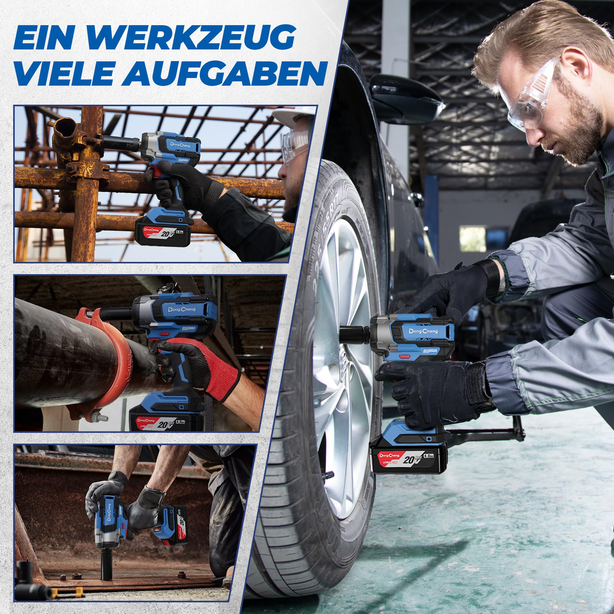 DongCheng 20V Akku-Schlagschrauber Bürstenlos, 800 Nm Drehmoment, inkl 1x Li-Ion 4000mAh Akku & Ladegerät 4-Gang-Modus & Auto-Stop, 17/19/21/22/24mm, 1/2" Aufnahme – für Auto Reparatur