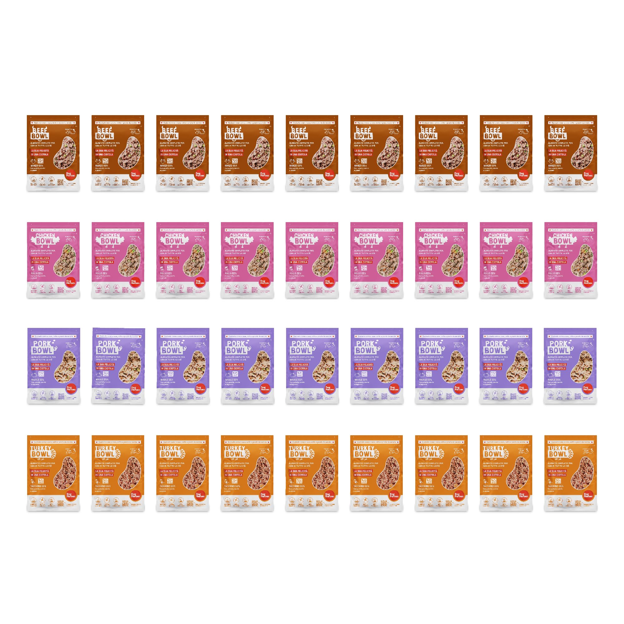 Dog Heroes Cibo Umido Congelato per Cani Maiale + Manzo + Pollo + Tacchino (55%) | Monoproteico | Senza cereali | 100% naturale | Preparato in Italia | Multipack 36x650g