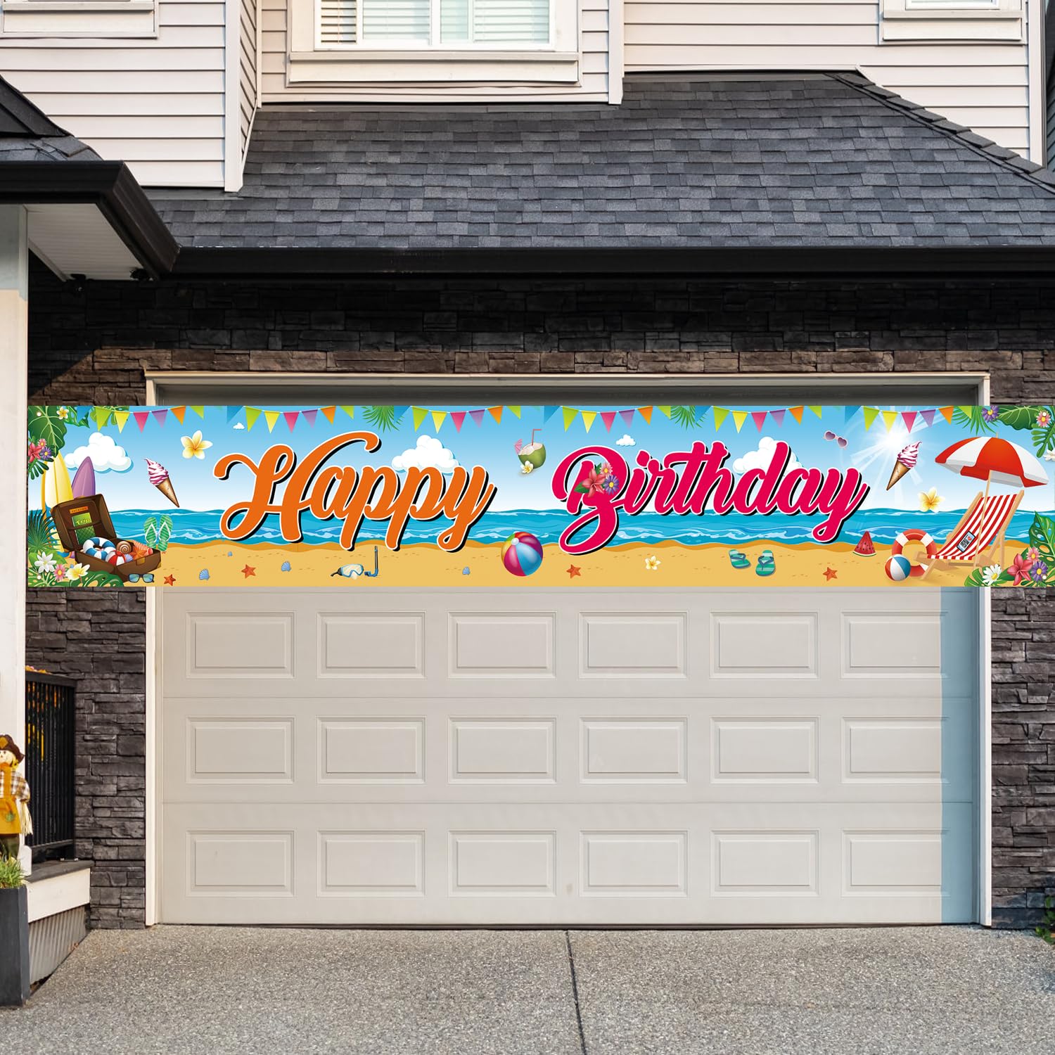 Pancarta de cumpleaños de verano, pancarta de feliz cumpleaños con temática de playa, decoración grande de fiesta de cumpleaños de playa, 118 x 20 pulgadas