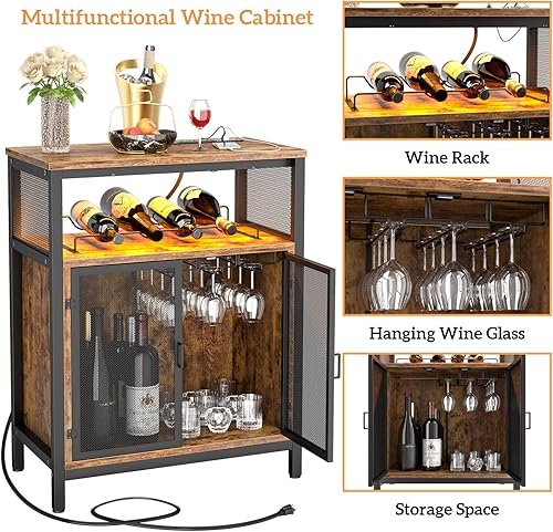 Miniatura 4 de Unikito Armario de bar de vinos con toma de corriente y luz LED, mini barra de café para el hogar con soporte para vidrio, gabinete de licor con