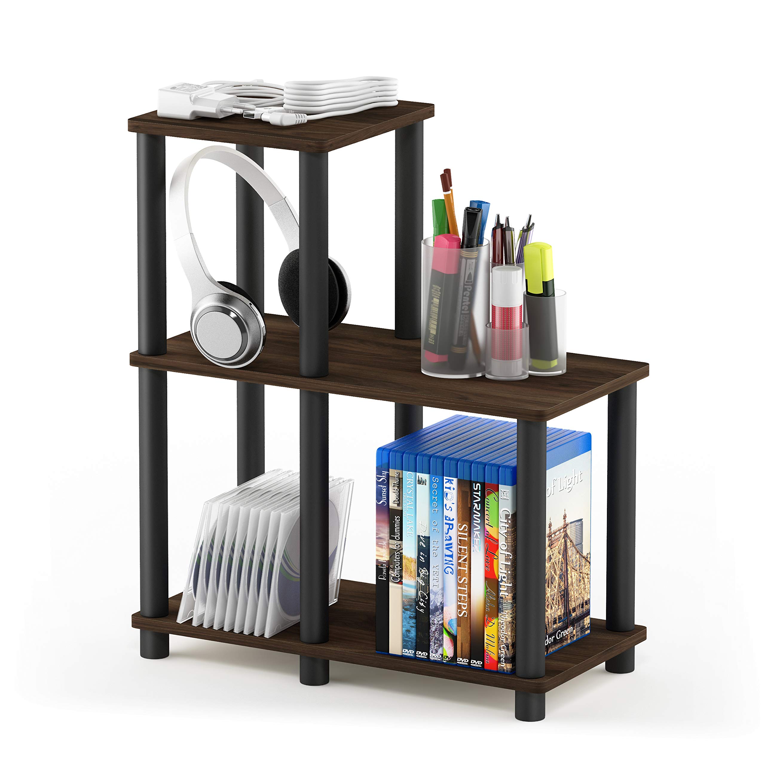 Furinno TURN-N-TUBE Storage Shelves, 5-Tier Book Shelf, Corner Shelf, Toolless Open Shelves, for Organization and Storage, Living Room, Garage, Home Office, Columbia Walnut
