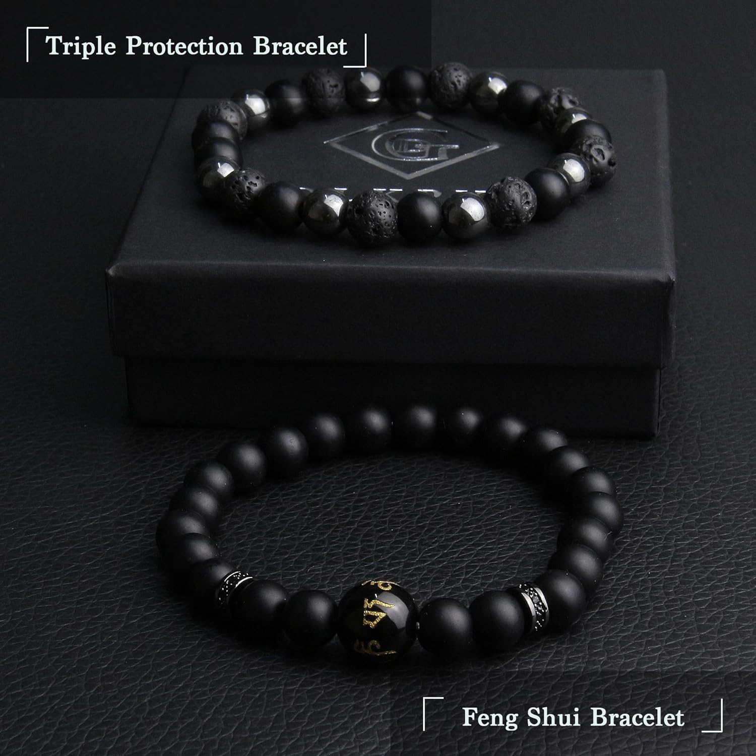 GDLKPYHS Black Obsidian Bracelet for Men - Black Tourmaline Beaded Bracelets - Mens Bracelet Set 8MM Black Onyx Hematite Lava Stone Beads Triple Protection Bracelet for Men Women Gifts - Image 7