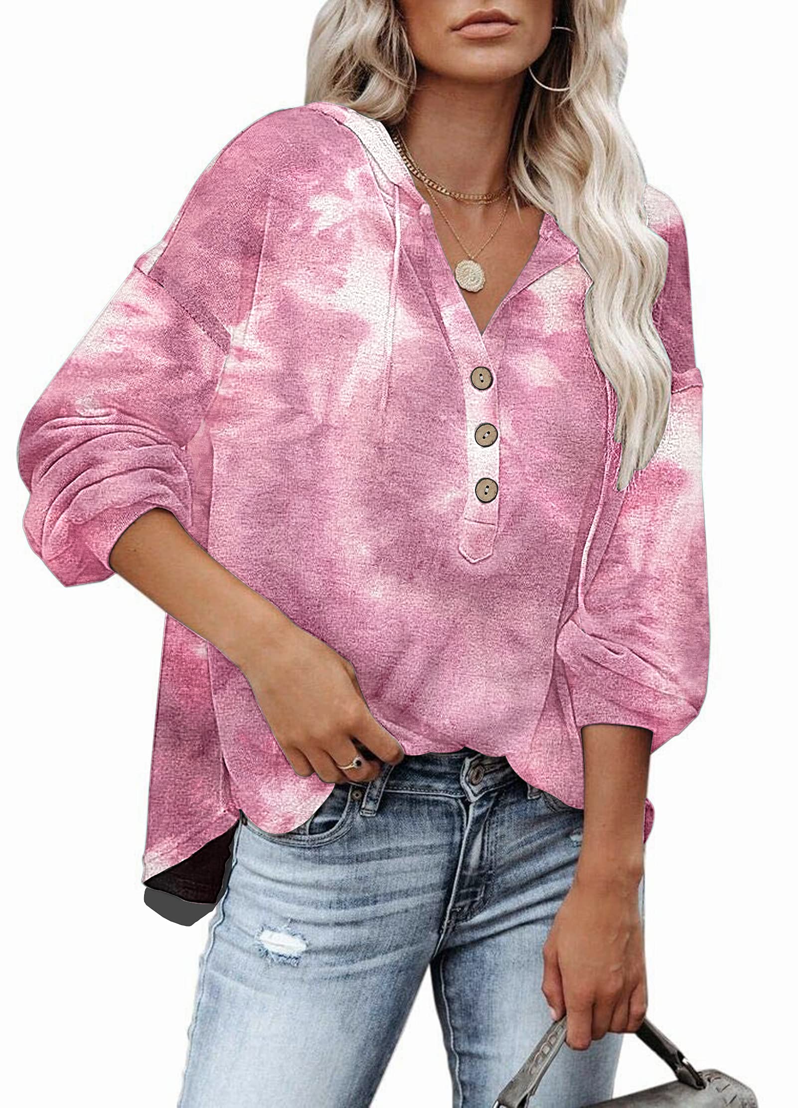 PLOKNRD Damska bluza oversize z długim rękawem zapinana na guziki bluzy ze sznurkiem