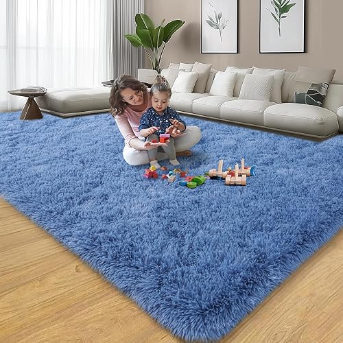 Miniatura 7 de Alfombras de área de 6 x 9 pies para sala de estar, alfombra azul grande y esponjosa para dormitorio, alfombras suaves y peludas para dormitorio de