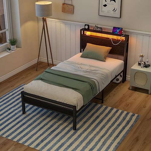 Miniatura 18 de Base de cama de tamaño matrimonial con cabecera de almacenamiento/estación de carga USB, marco de cama de plataforma de metal, tamaño matrimonial,