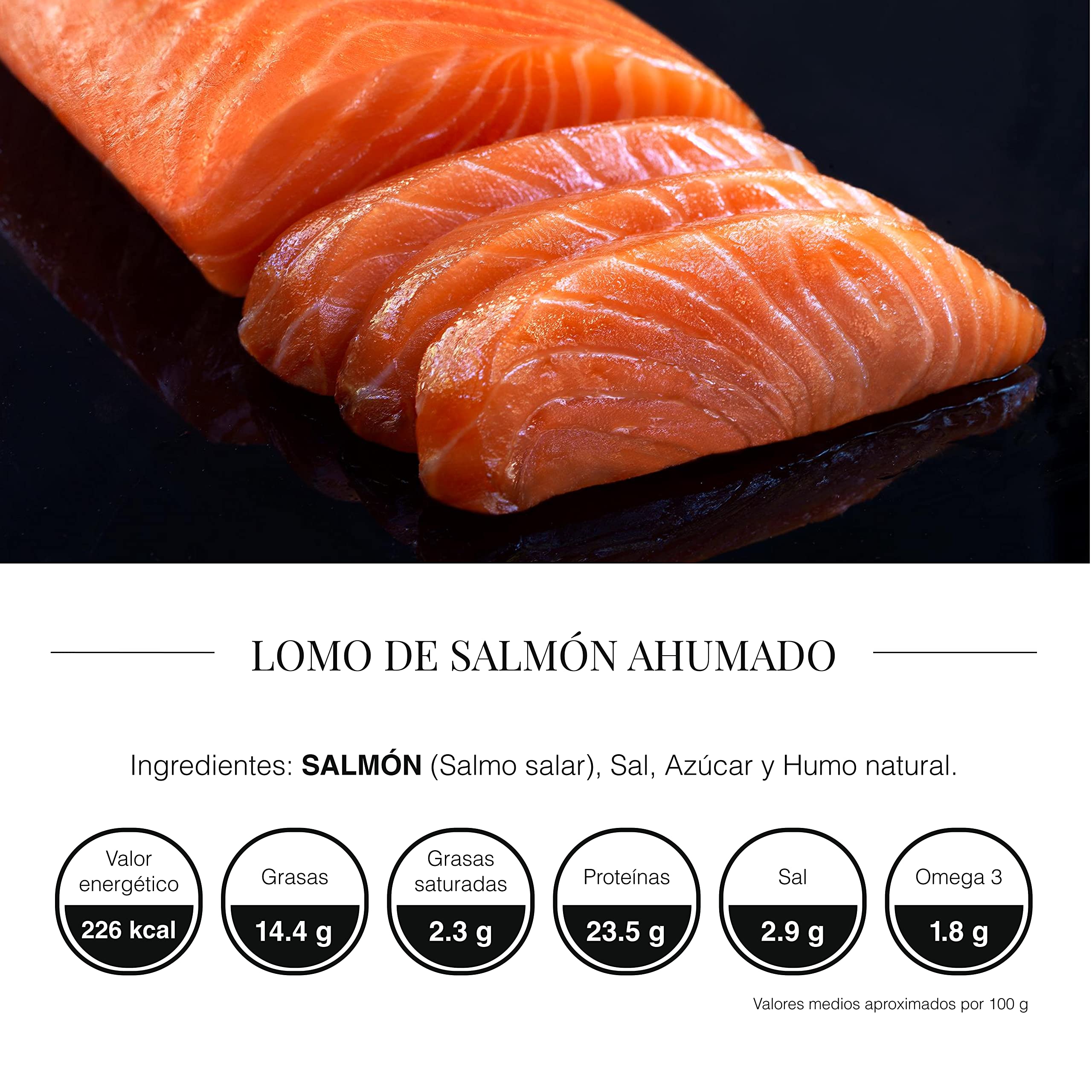 Ahumados Domínguez - Salmón Ahumado Natural Cortado en Lomos - 250 g - Elaboración Artesana - Sin piel, Sin Espinas - Refrigerado