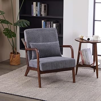 Mid-Century Modern Accent Chair with Lumbar Pillow, Ergonomic Design, Solid Wood Frame, Corduroy Fabrics for Living Room Bedroom Balcony Dark Grey+Brown