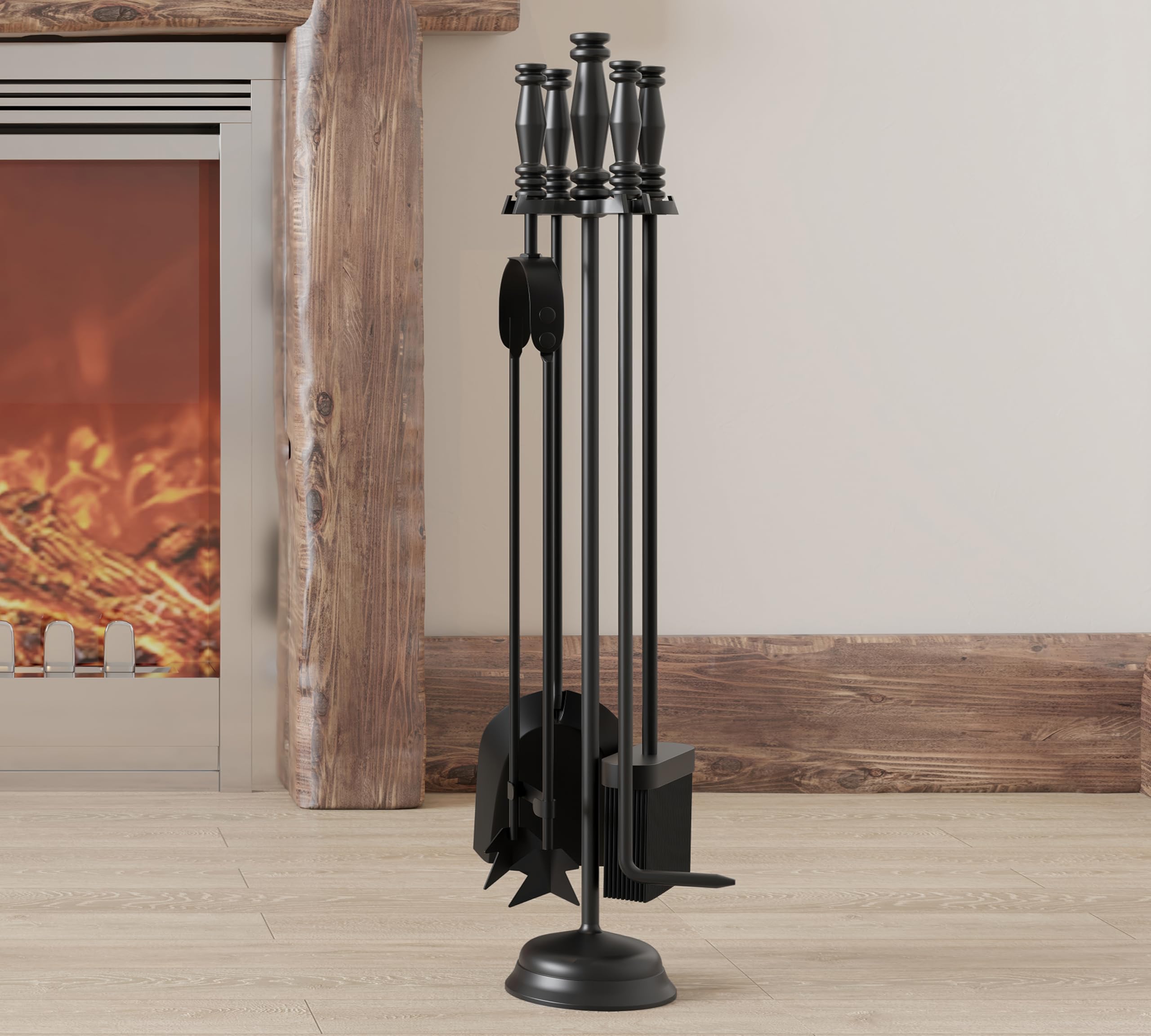 Kingson – Set di accessori per caminetto, 5 pezzi, in ghisa con manico e supporto – Include paletta, attizzatoio, spazzola, pinze e supporto – Strumenti per focolare in nero per fuoco aperto o