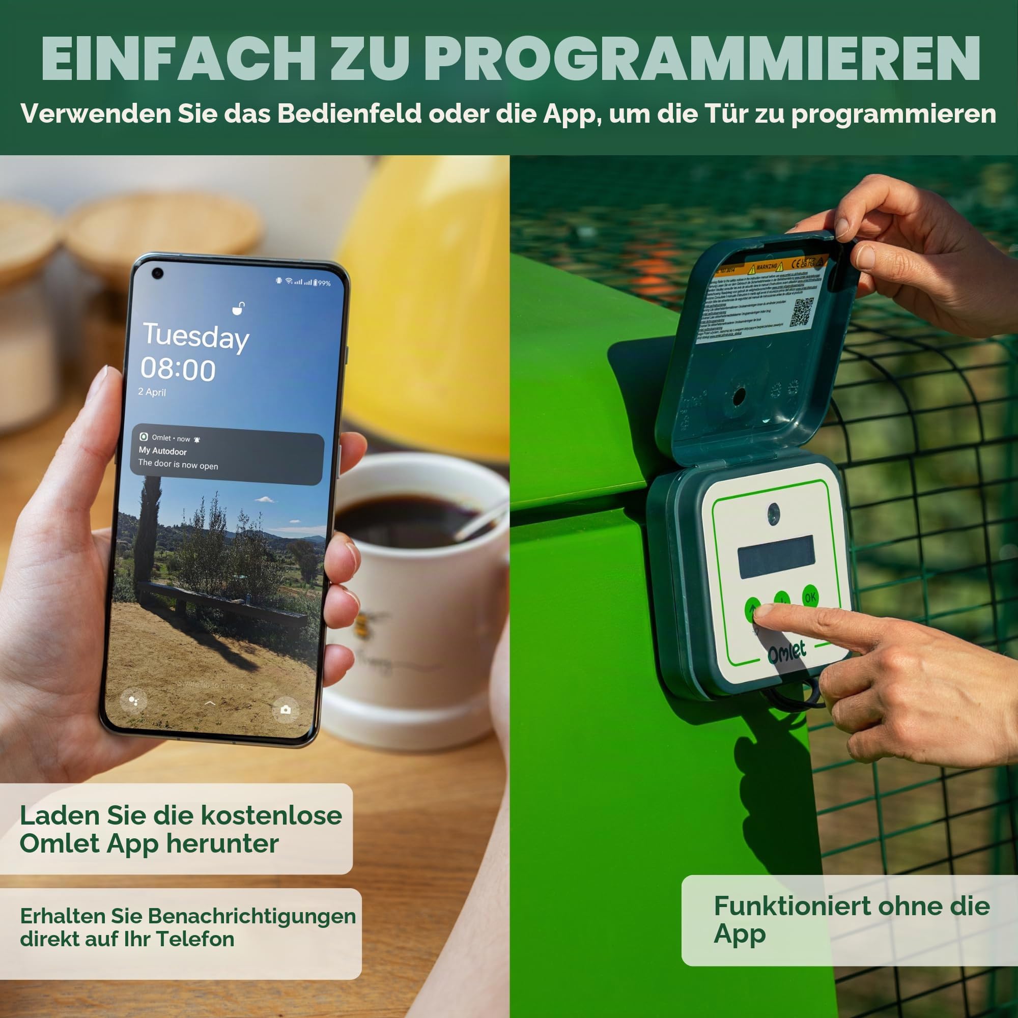 Omlet Intelligente automatische Hühnerstalltür | Wi-Fi-fähig | Programmierbar mit App oder Bedienfeld | Bedienung per Lichtsensor oder Timer | Netz- oder Batteriebetrieben | Sicherheitssensoren |