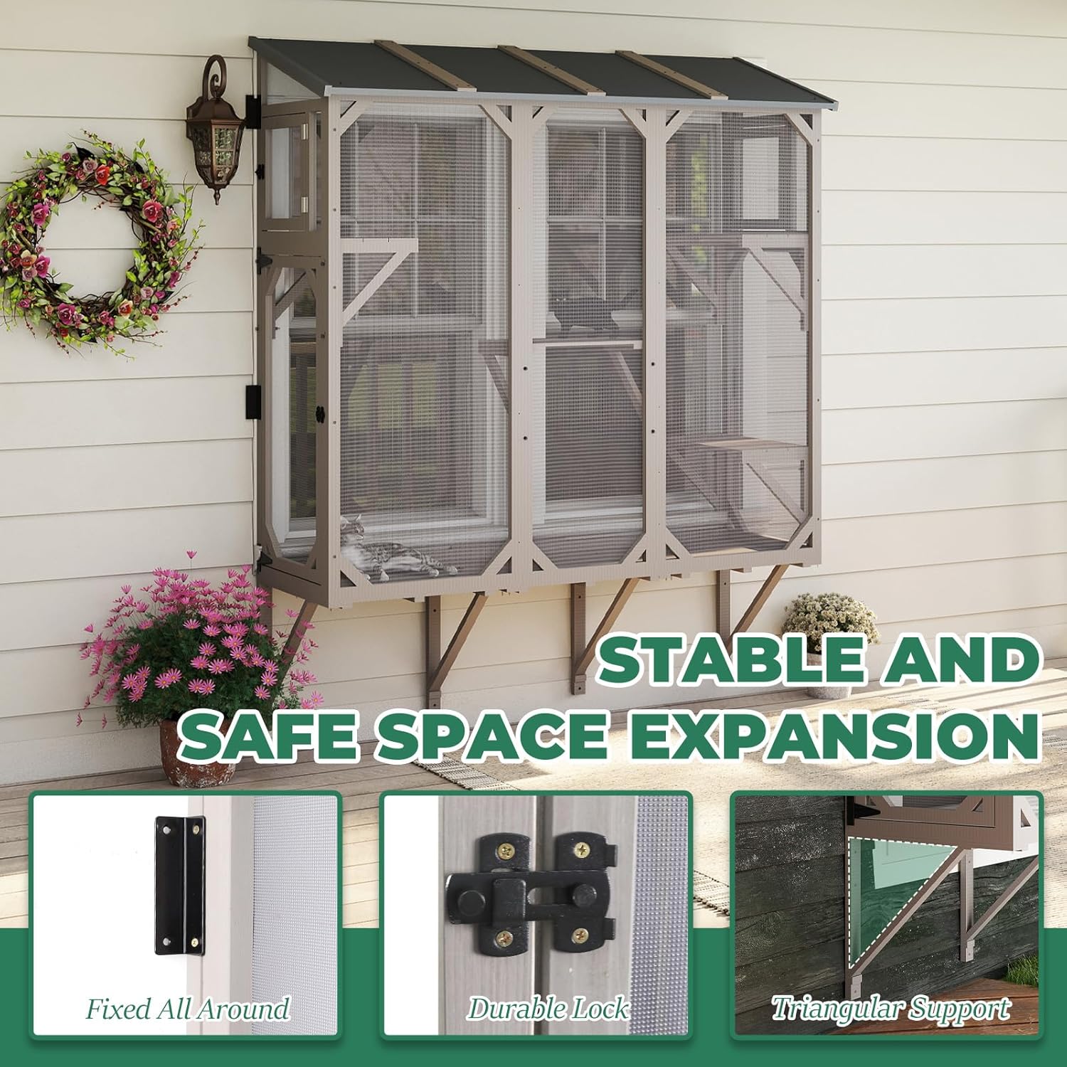 Large Window Catio Cat Window Box, Expandable Cat Catio for Indoor Cats, Outdoor Enclosure with 4 Platforms, 3 Doors for Sunbathing, Napping, Overlooking, All Weather Use