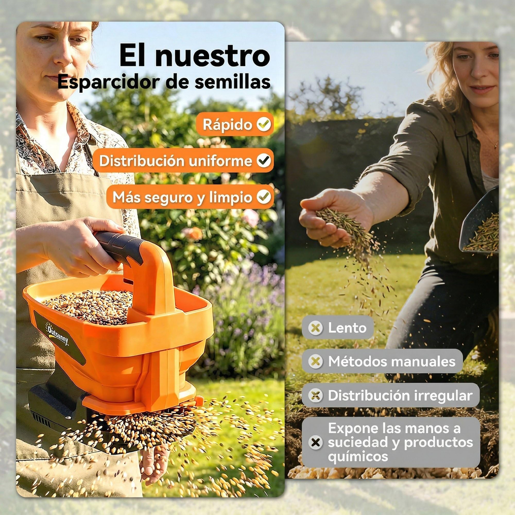 Outsunny Esparcidor Portátil 3,3 L, 8 Niveles de Flujo, Ancho de Proyección Regulable 3 Niveles, Puerto USB, Esparcidor de Semillas para Césped, Sal, Gravilla hasta 800 m², Naranja