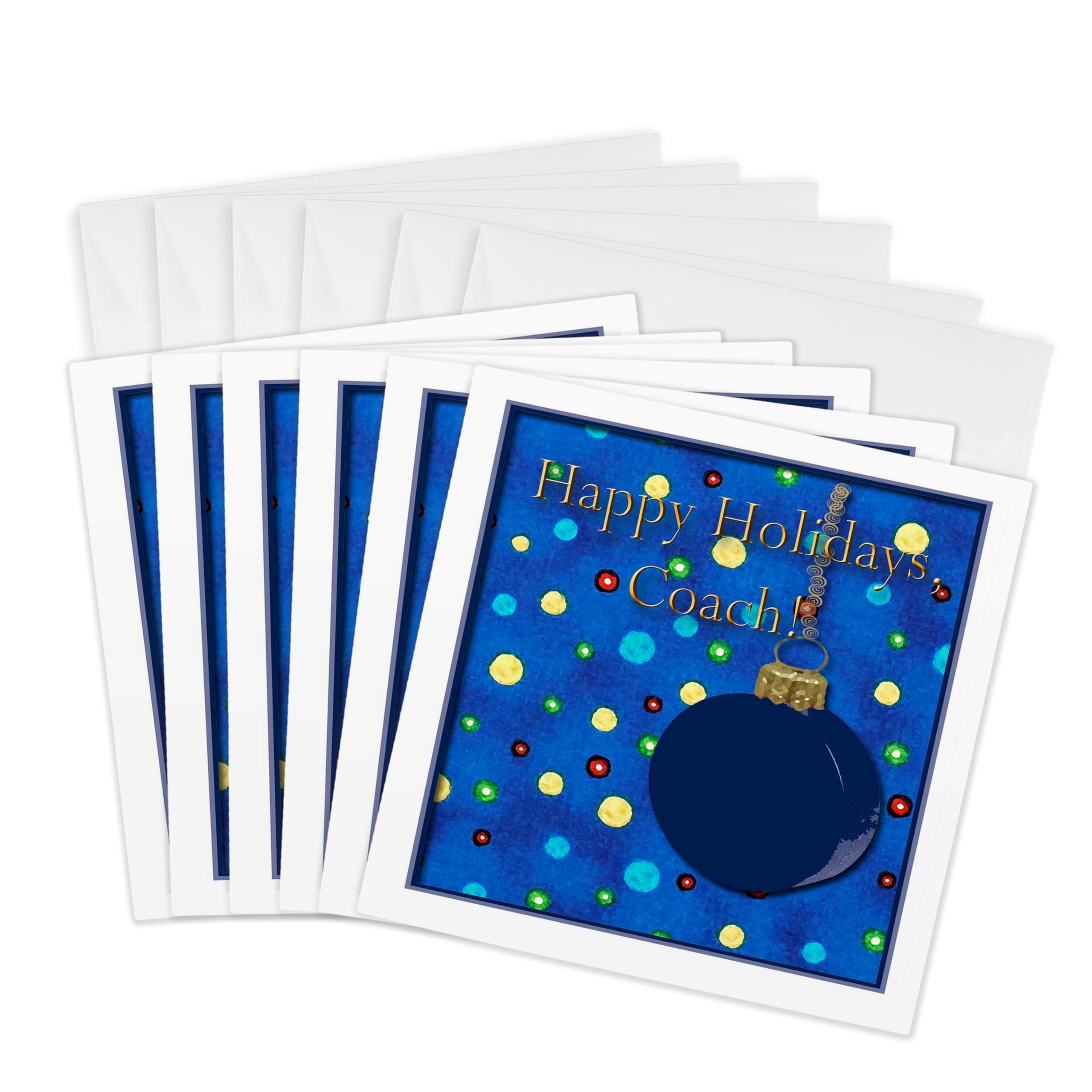 3dRose gc_17498_1 6 x 6-Inch "Happy Holidays, Coach, Holiday Ornament with Colorful Lights" Greeting Card (Pack of 6)