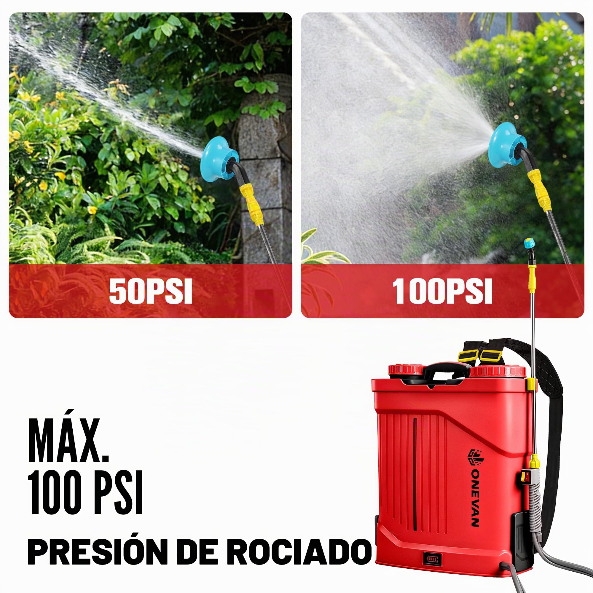 ONEVAN Pulverizador Eléctrico 20L Función Mezcladora 2x3,0Ah y 5 Boquillas | 0-100PSI ajustable, varilla telescópica hasta 41", para 20 tanques, 5 boquillas, sistema de mezcla integrado muy eficiente