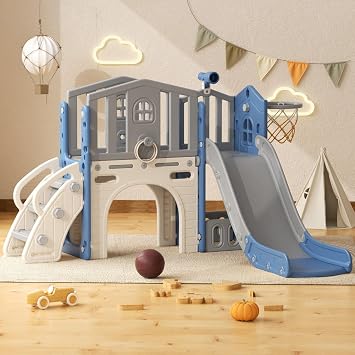 YUFU 8 in 1 Toddler Slide Set, Indoor Outdoor Playset for 1-3, Blue Gray