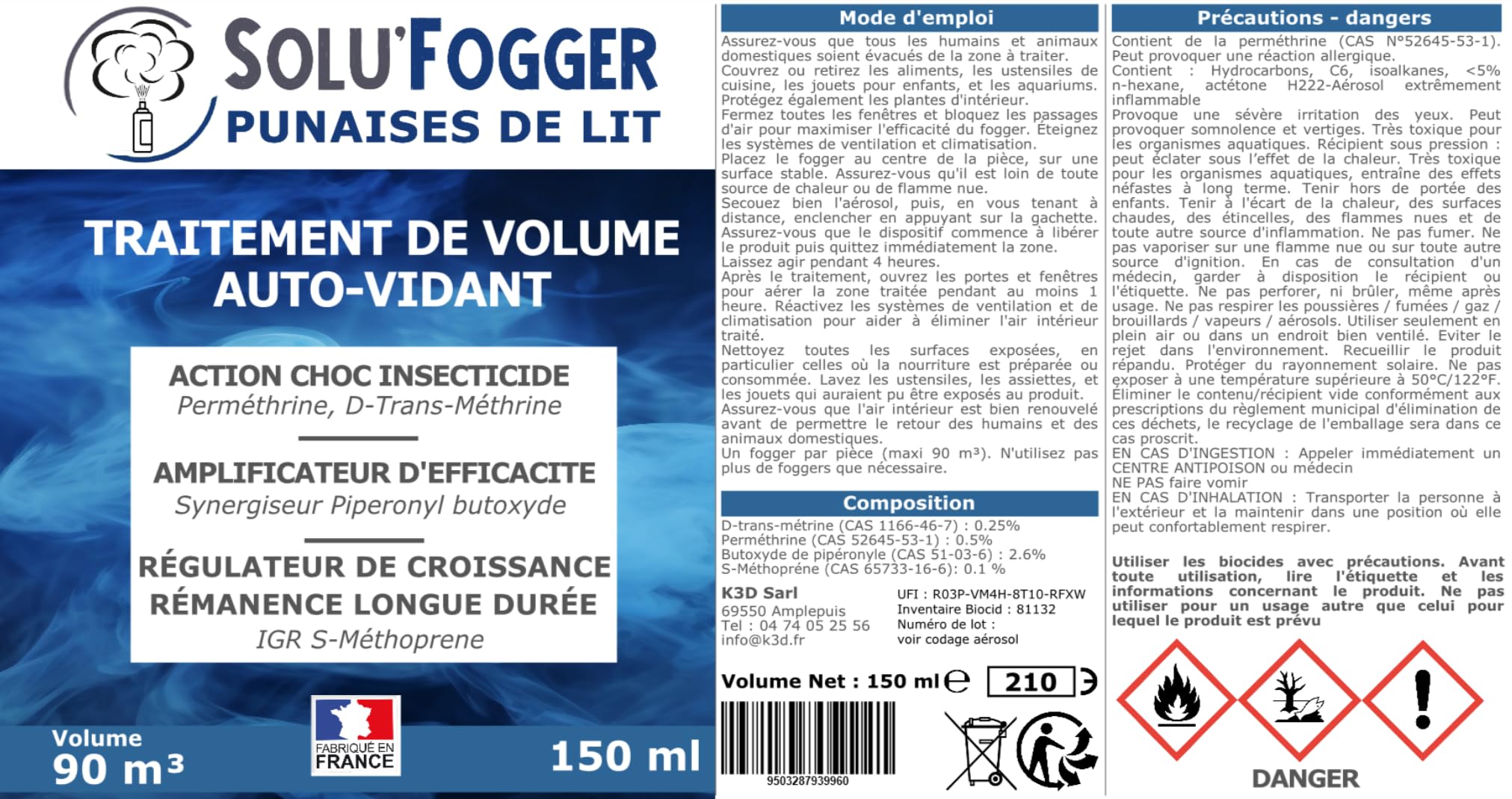 Kit de traitement Punaises de lit 100m² avec 1 Emulsphrine ew+s insecticide concentré, 4 one-shot Solu'Fogger, 1 pulverisateur 5 litres