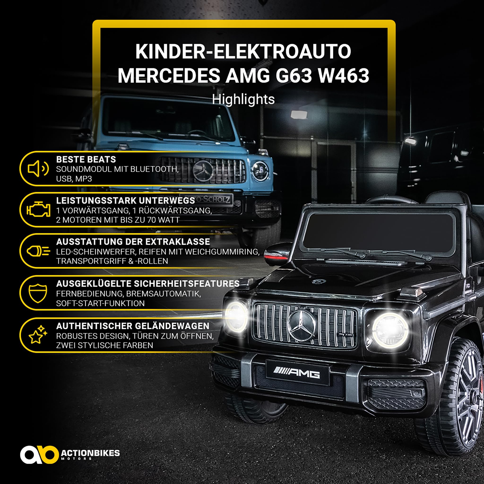 Actionbikes Motors Kinder Elektroauto Mercedes AMG G63 | 2,4 Ghz Fernbedienung - Lizenziert - Kinderauto elektrisch - Elektrofahrzeuge - Spielzeugauto - Elektro Auto für Kinder ab 3 Jahre (Schwarz)