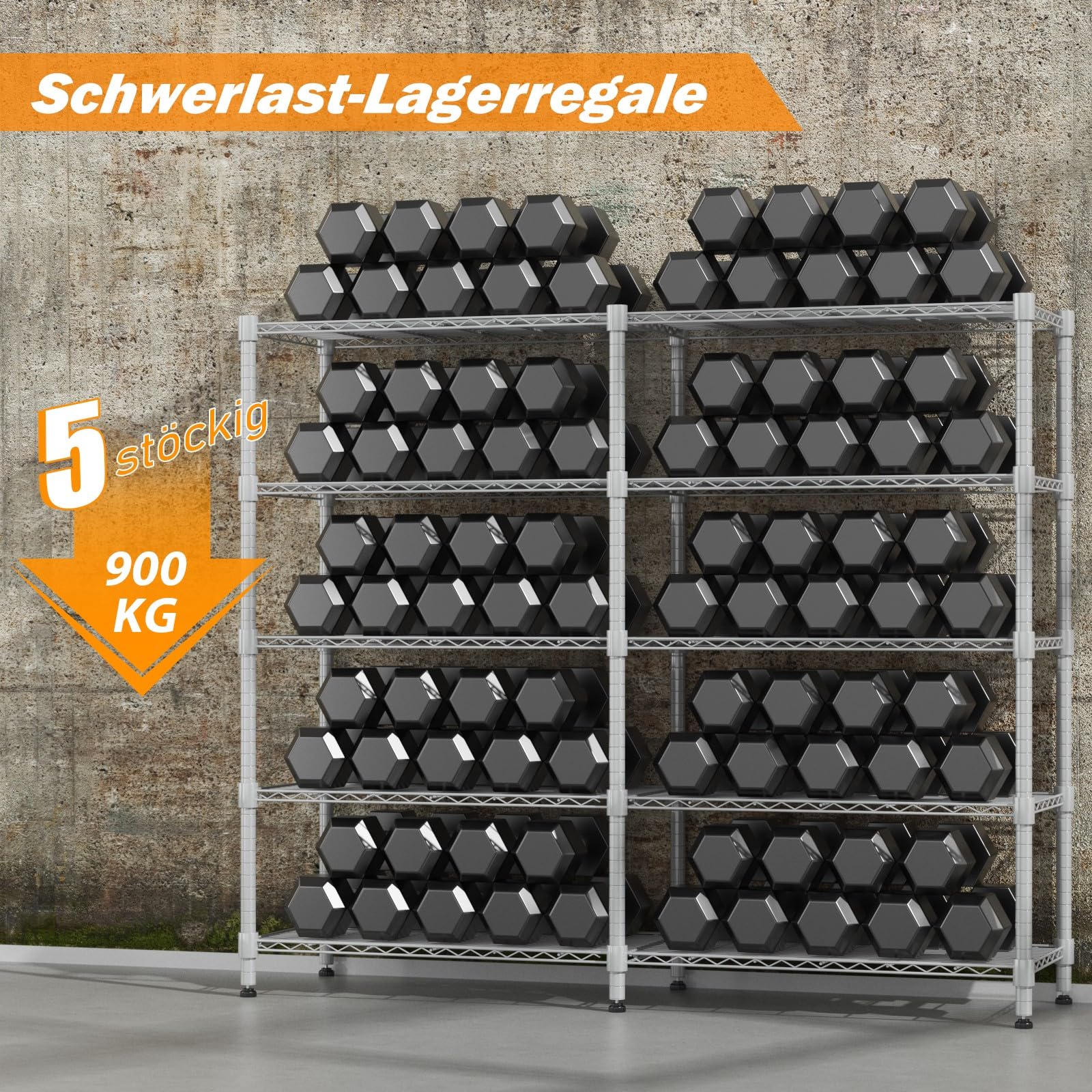 Himimi 5-stöckiges Metallregal zur Aufbewahrung, verstellbares Drahtregal, Schwerlastregal mit Nivellierfüßen, Lagerregal für Schlafzimmer, Wohnzimmer, Küche, Garage, 180 x 45 x 183 cm, Silber