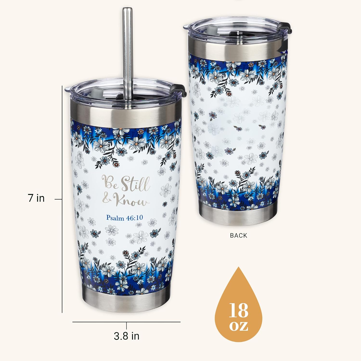 Christian Art Gifts Double Wall Vacuum Insulated Stainless Steel Travel Mug and Straw 18 oz Blue Floral Camp Style Coffee Mug with Lid for Women Laser-engraved- Be Still & Know -Psalm 46:10
