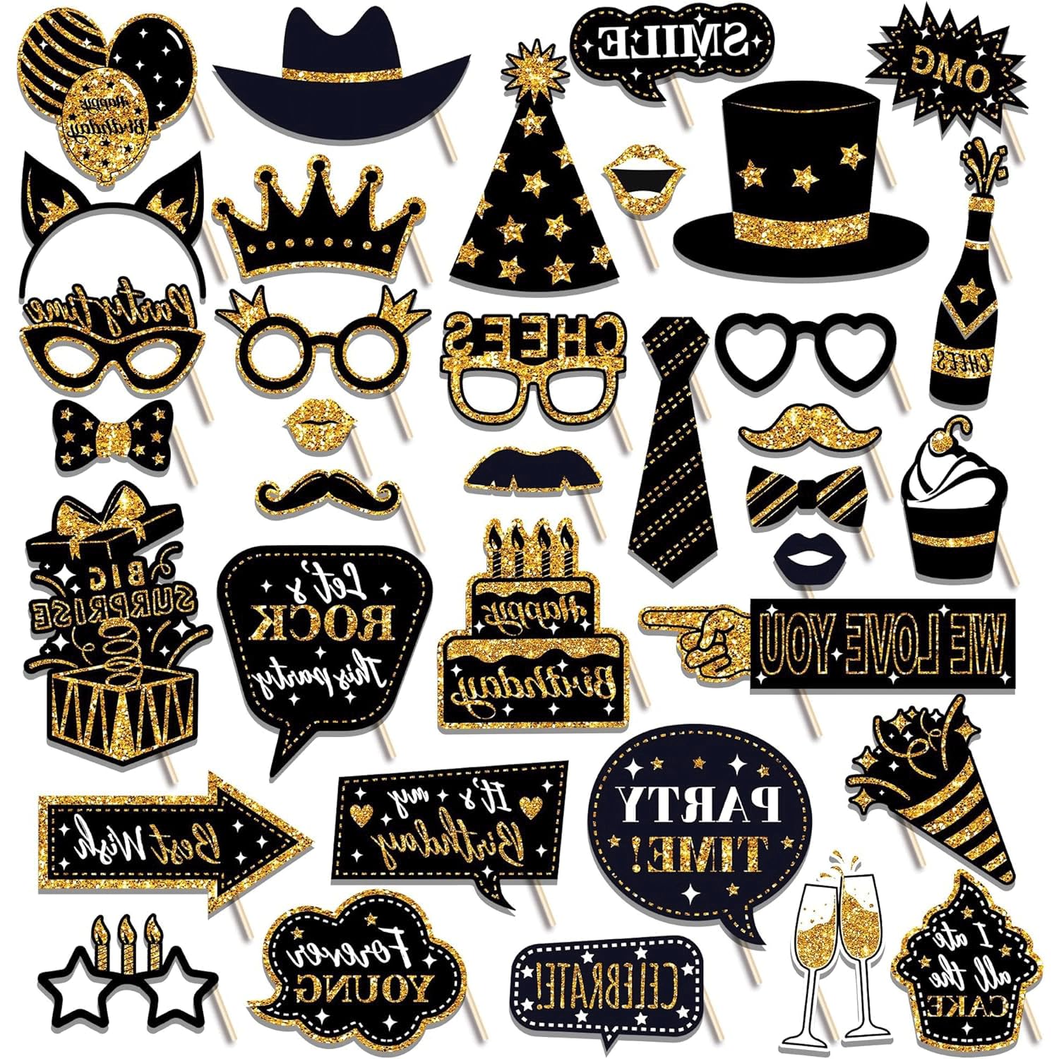 36PCS Black Gold Photo Booth Props Kit,Party Accessories for Birthday Wedding Christmas Halloween,Graduation Decor, Selfie Signs, Moustache, Hats & Crowns - Funny Photobooth Supplies for Adults/Kids