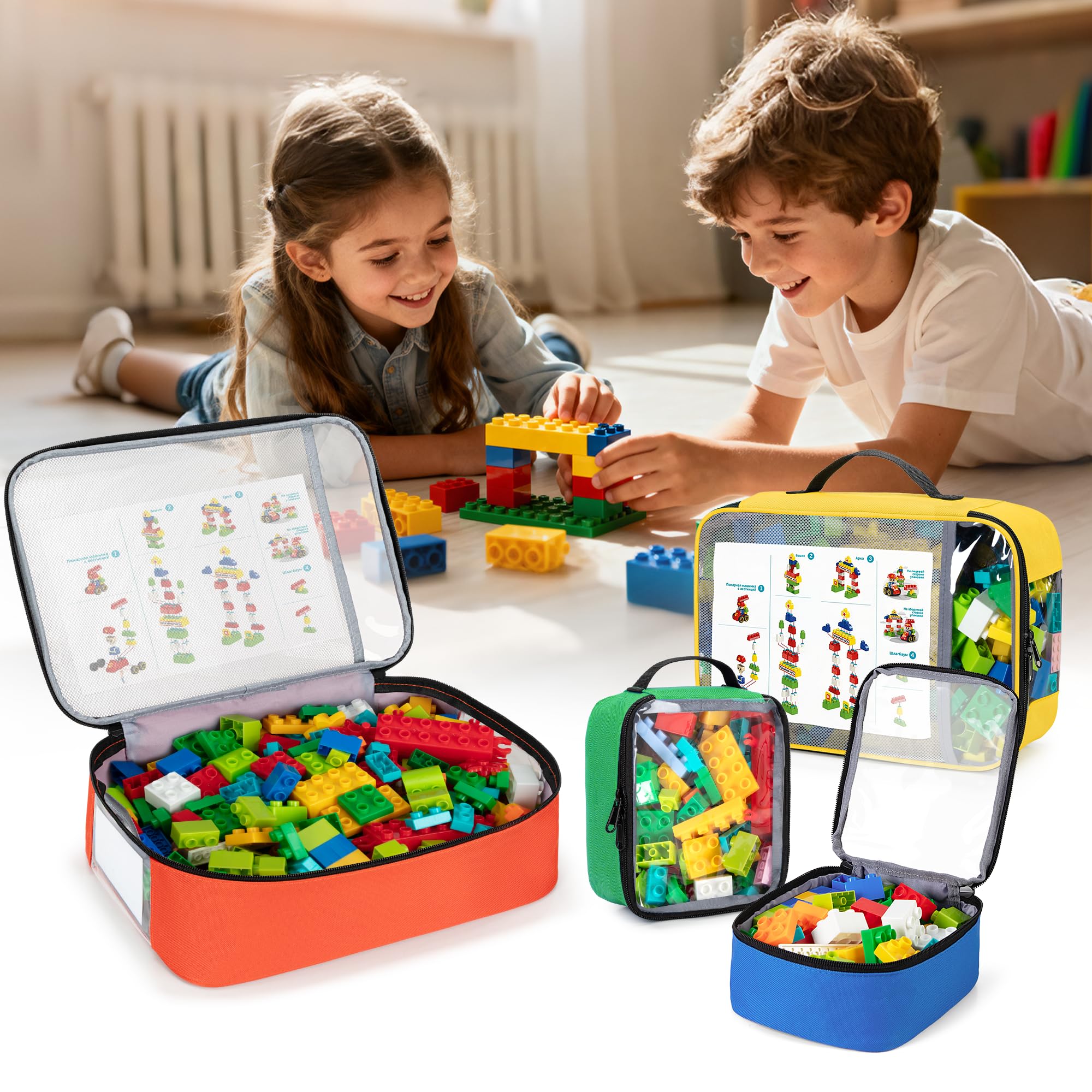 Rexmica 4 Pezzi Sacchetti Portaoggetti per Giocattoli, Borsa per Trasporto per Puzzle, Blocchi di Costruzione, Giochi da Tavolo, Borsa da Viaggio per Vari Piccoli Giocattoli (Solo Borse)