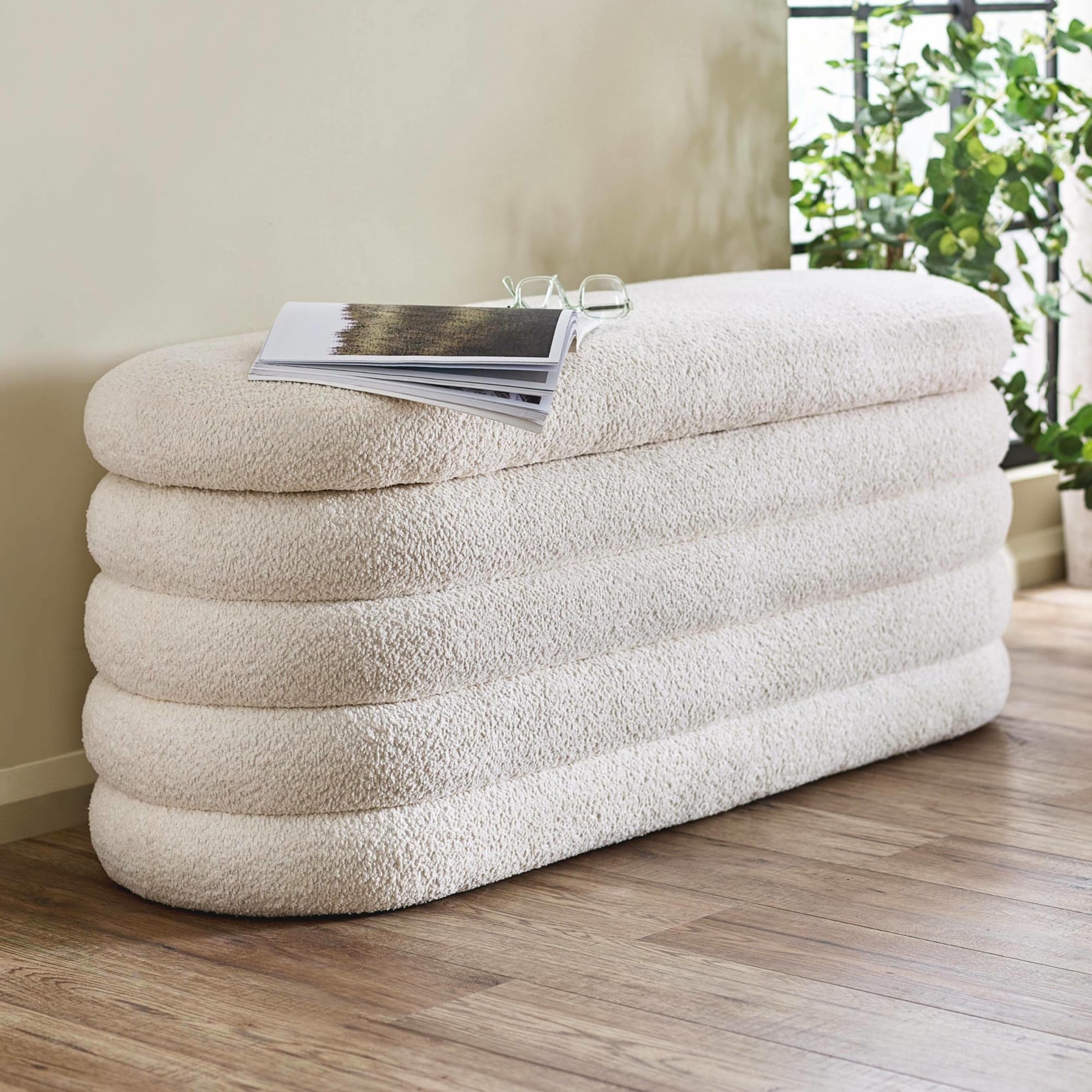 Julian Bowen Hailey Storage Ottoman, Bouclé, Ivory - H50 x W121 x D40cm