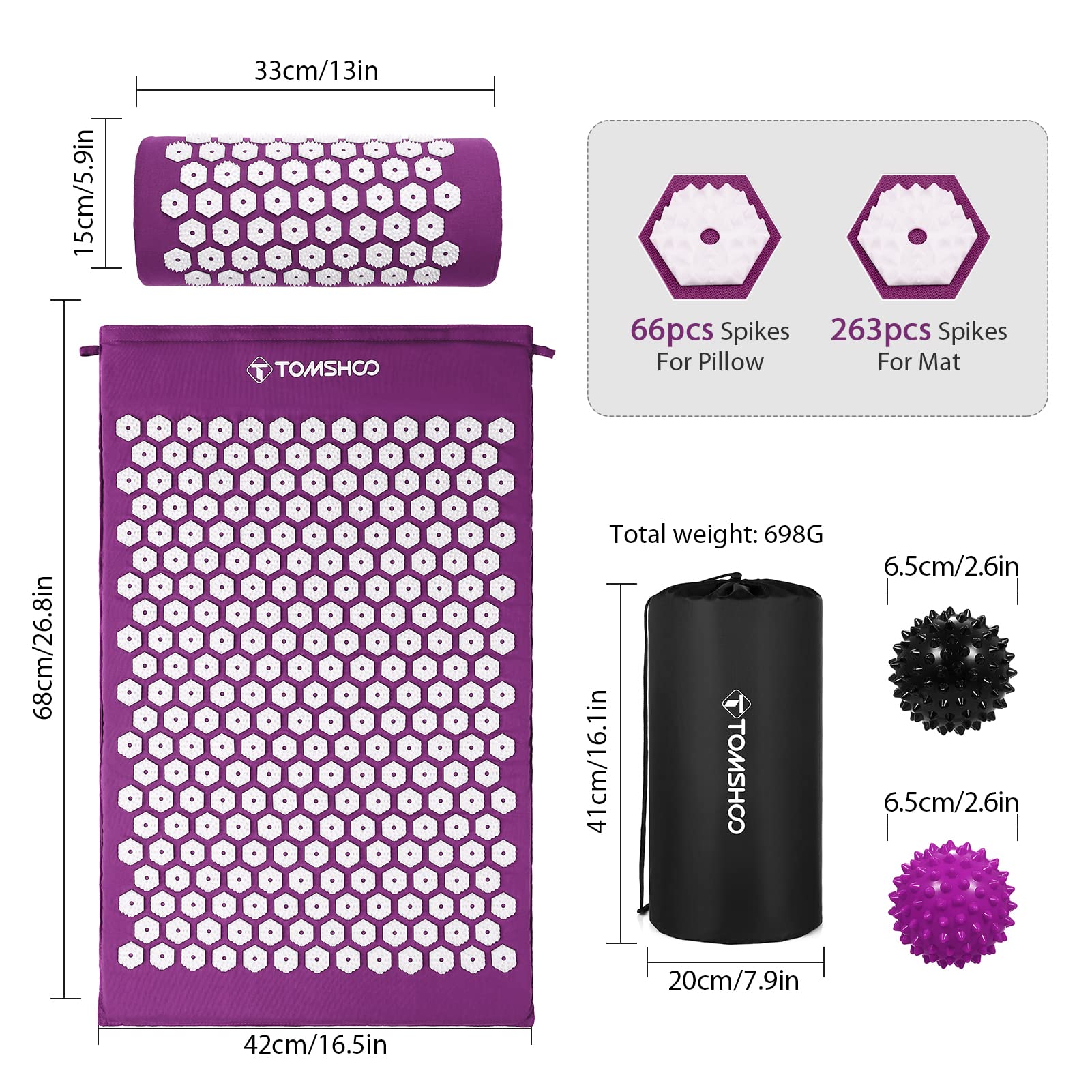 TOMSHOO Acupressure Set, Acupressure Mat and Pillow with 2pcs Massage Balls- Pain Relief Therapy Muscle Back Neck with Travel Bag for Men and Women