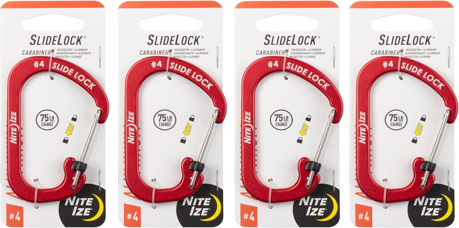 Nite Ize Aluminum SlideLock Carabiner - Daily Use & Lightweight Carabiner - Compact Aluminum Carabiner with Lock - Versatile Rectangular Carabiner - Size 4, Red (4 Pack)