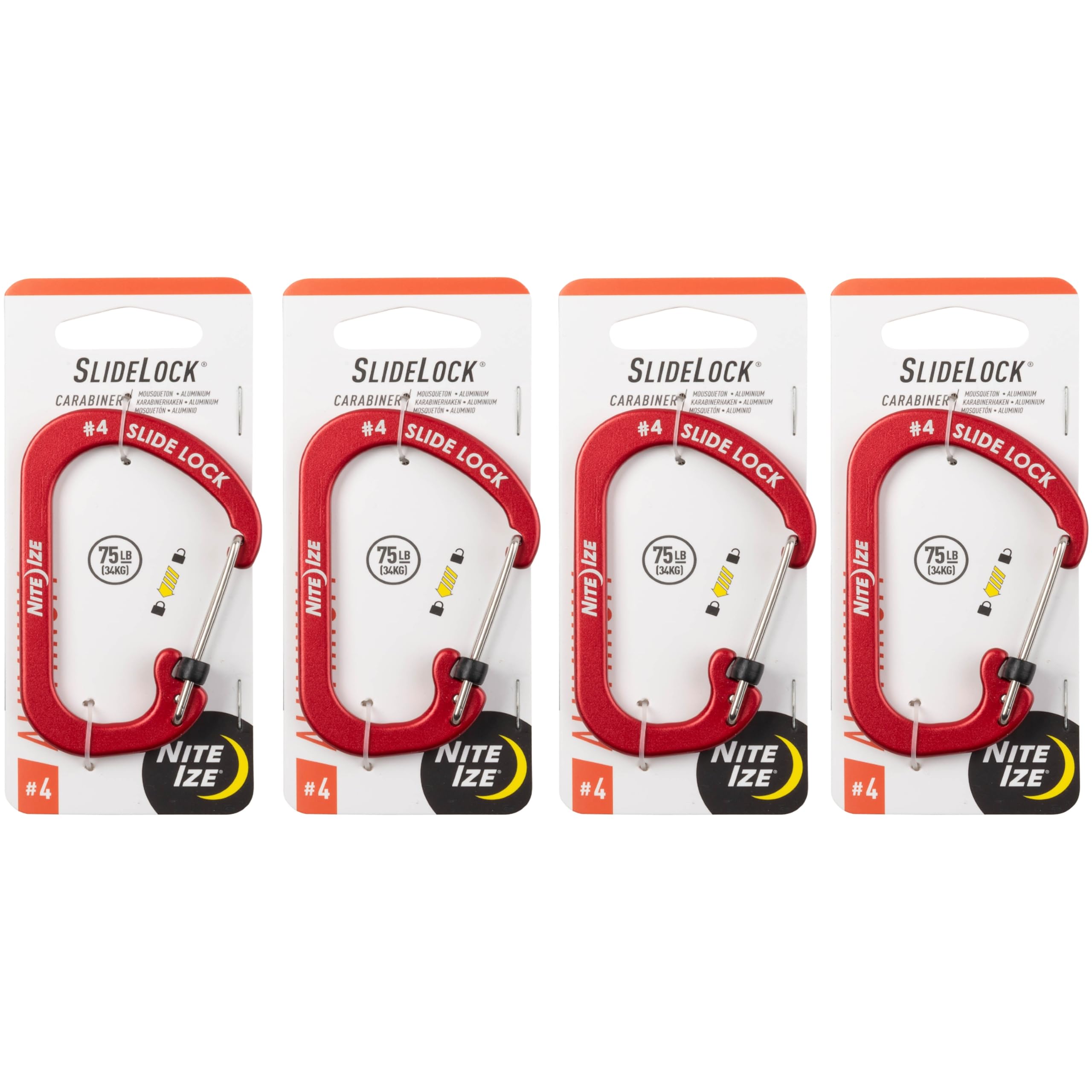 Nite Ize Aluminum SlideLock Carabiner - Daily Use & Lightweight Carabiner - Compact Aluminum Carabiner with Lock - Versatile Rectangular Carabiner - Size 4, Red (4 Pack)
