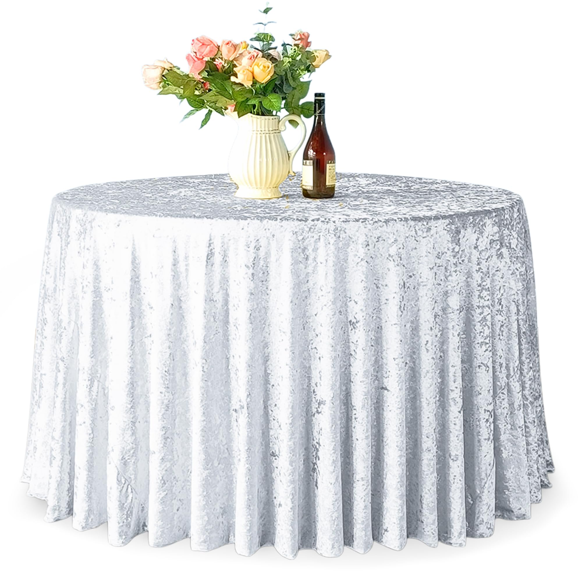 WedDecor 132" Premium Crushed Velvet Round Tablecloth, White, 5pcs