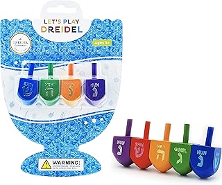 The Dreidel Company Wood Multi-Colored Dreidels Medium Sized Hanukkah Draydels with English Transliteration - (Pack of 4)