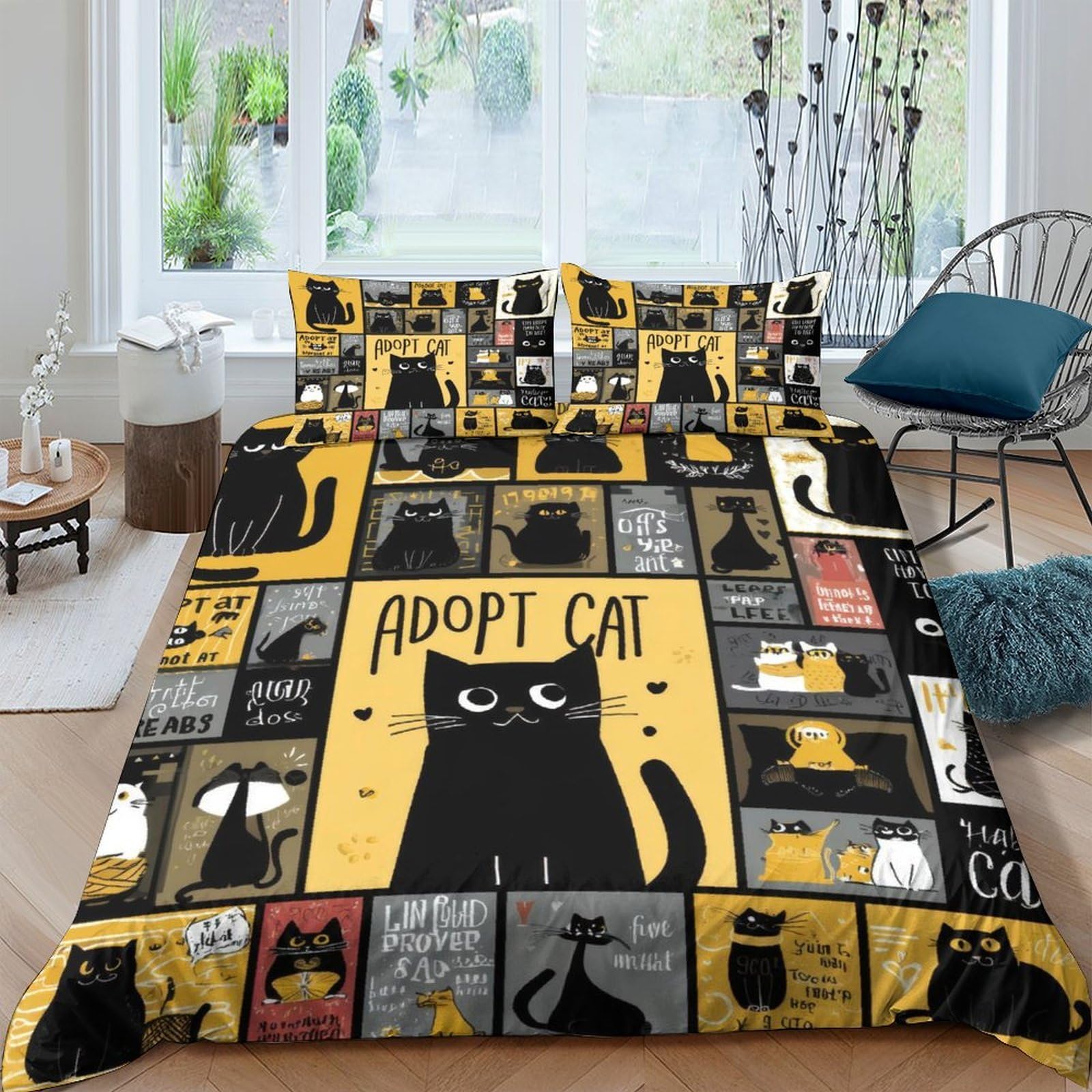 Ctjqhvkz Style-9 3D Printed Black Cat Patchwork Fitted Sheet Microfiber Soft Cartoon Yellow Cat Bed Cover For Bedroom Guest Room Decor Mattress Protection Single（135X200cm）