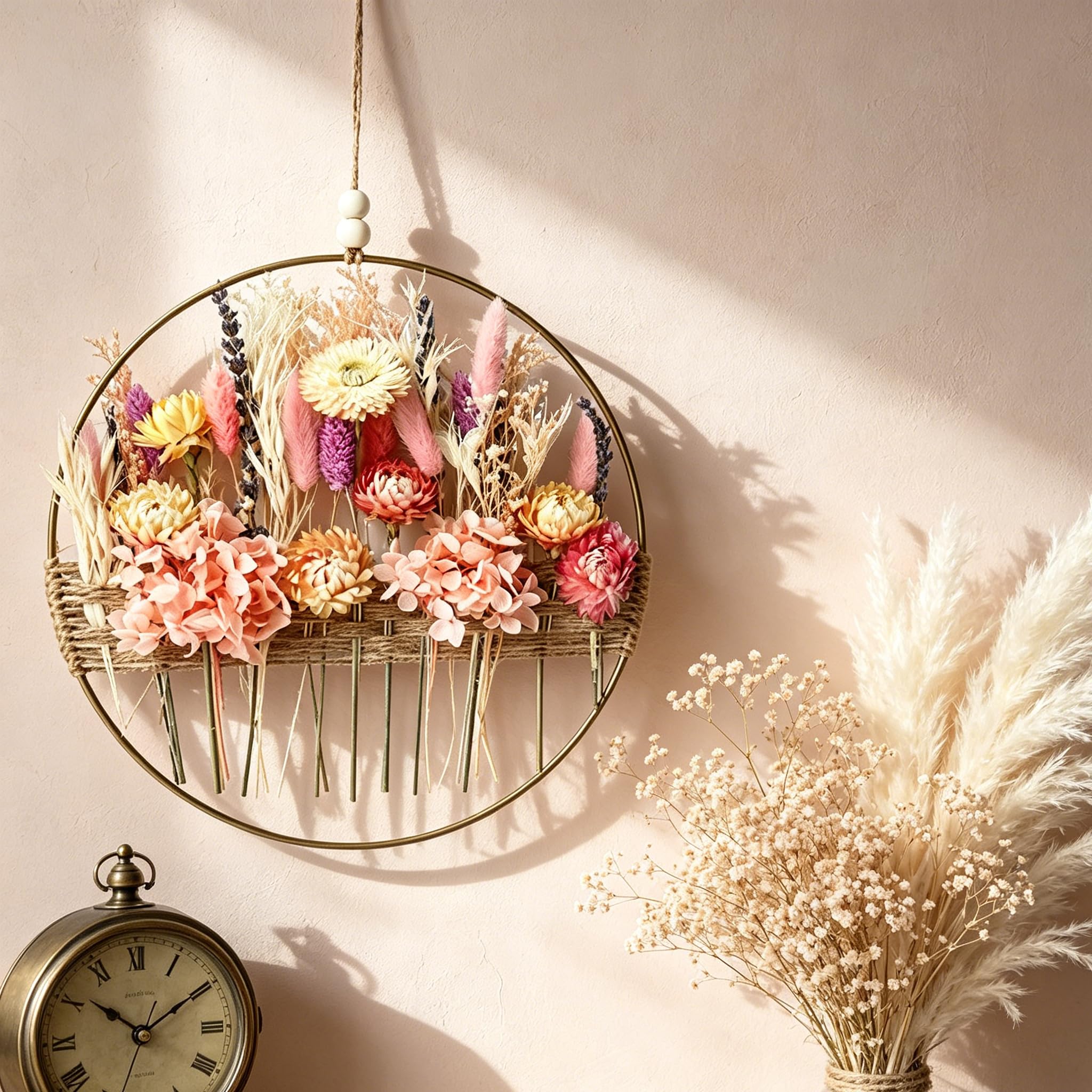 Türkranz Herbst Frühling Sommer Deko Trockenblumenkranz Mit Metallring und Hanfseil, Boho Wanddekoration, Natürliche Getrocknete Blumen, Romantisches Design (E)