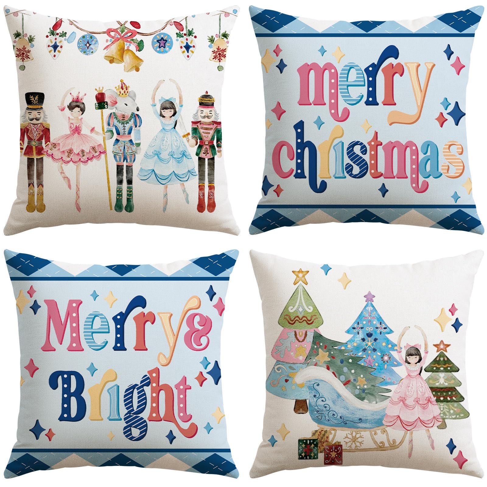 JOTOM Christmas Cushion Covers 45x45 cm Set of 4 Nutcracker Xmas Trees Decorative Throw Pillow Covers Merry Christmas Cushion Cases Winter Holiday Decoration for Home Couch Decor (Nutcracker Blue)