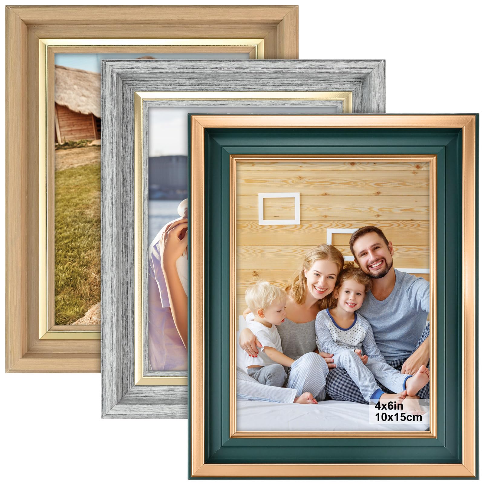 3 PCS 4x6 Vintage Picture Frame Set, Retro Photo Frame for Tabletop or Wall Hanging, Farmhouse Rustic Picture Frames with Plexi Glass for Home Dorm Office (4X6)