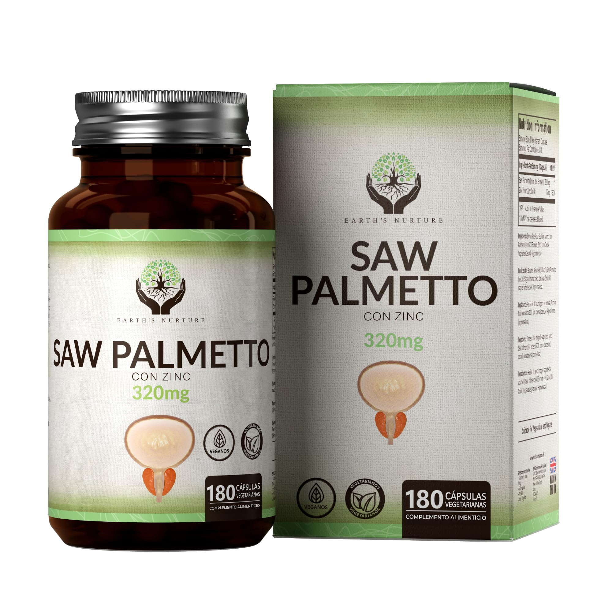 EN Saw Palmetto | 180 Saw Palmeto Cápsulas - Alta Potencia 320mg Serenoa Repens con Zinc por Porción | Sin OGM, Gluten, Lácteos y Alérgenos | Hecho en el Reino Unido