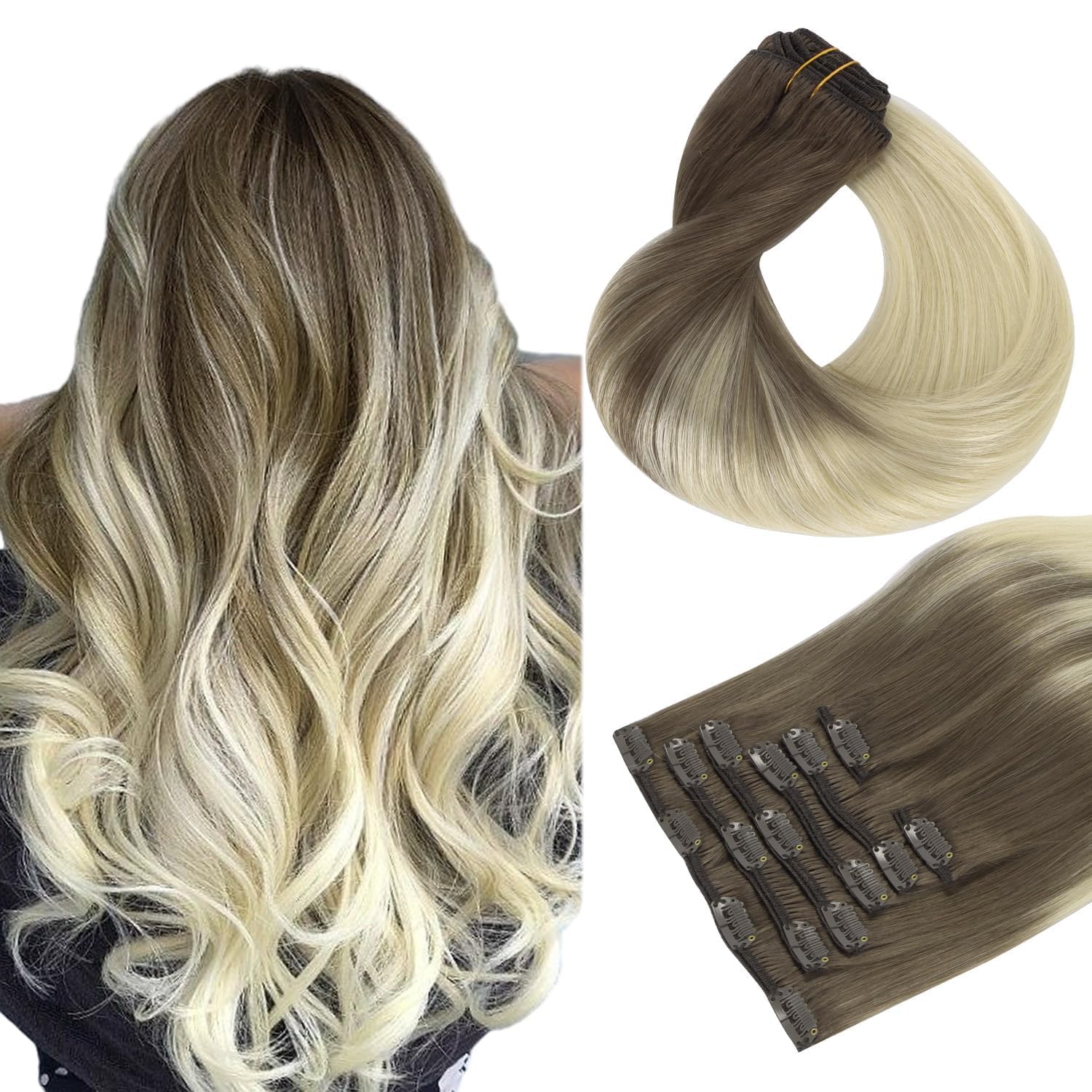 HOTBANANA Human Hair Clip in Hair Extensions, Ombre Sandy Brown to Platinum Blonde 120g Clip in Hair Extensions Real Human Hair Straight Remy Hair Clip in Hair Extensions 24 Inch 7pcs