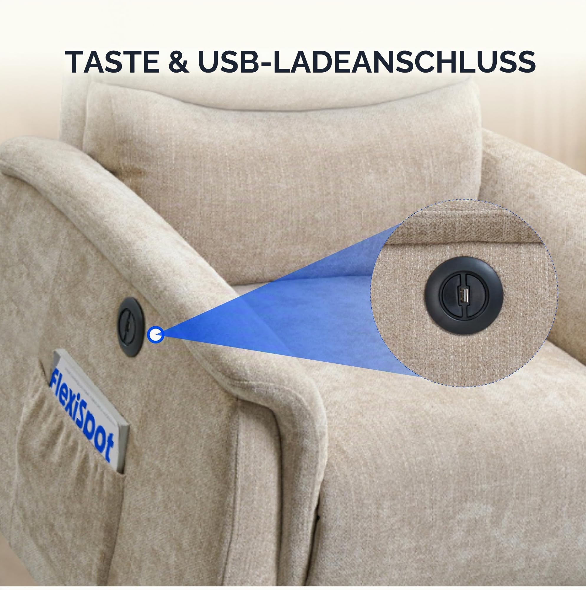 FLEXISPOT Relaxsessel, Aufstehsessel mit versteckter Becherhalter & Armlehnen-Aufbewahrung, Massagesessel mit Heizungfunktion im Wohnzimmer, Fernsehsessel, Liegesessel mit USB (Beige)