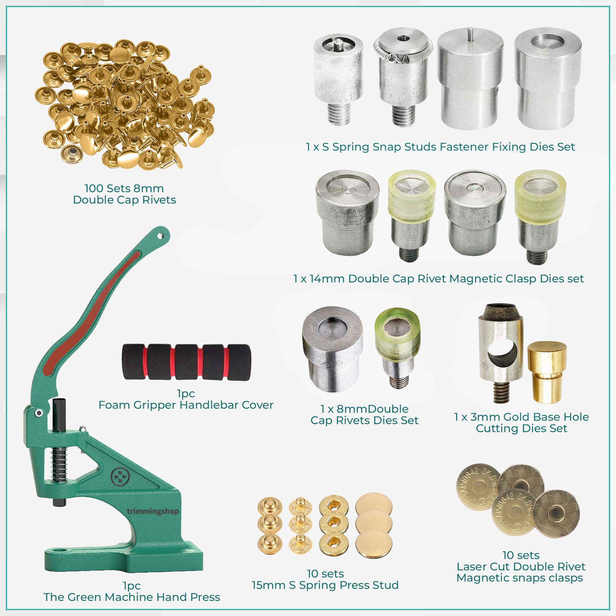Trimming Shop Prensa manual The Green Machine, agarre de espuma, remaches tubulares, botones de presión de cierre a presión y cierre magnético con troqueles de fijación para hacer bolsos, bolsos,