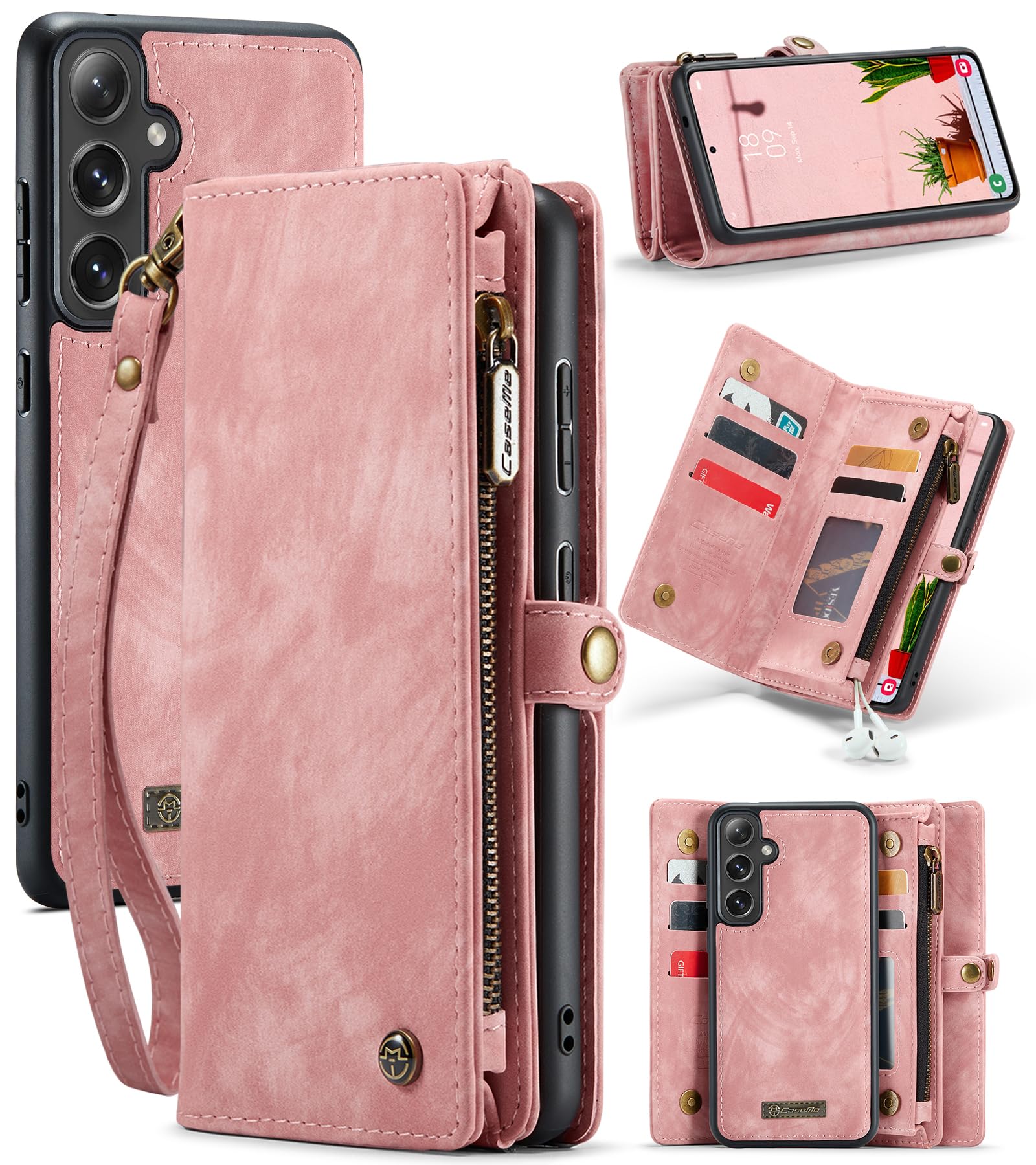 Hongxinyu Wallet Case Compatible with Samsung Galaxy S24 FE 5G, Zipper Purse Leather Wallet with Magnetic Detachable Shockproof TPU Bumper Phone Case,