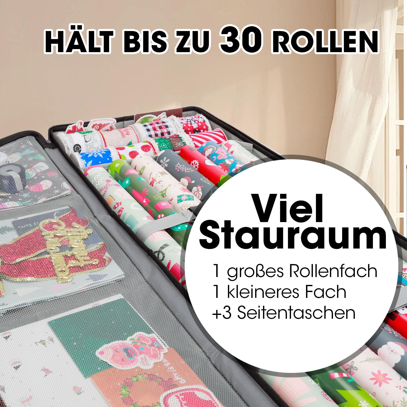 Cong.Lai Geschenkpapier Aufbewahrung: Aufbewahrungstasche für Geschenkpapier - Wasserdichtes 600D Oxford Gewebe - Geschenkpapierrollen Organizer mit Fächern 90x30x12cm Grau (Packung mit 2)