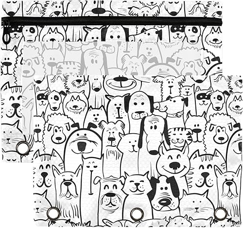 Estuche para lápices de animales de perro, color blanco y negro para carpeta de 3 anillos, carpeta con cremallera, estuche para lápices con ventana